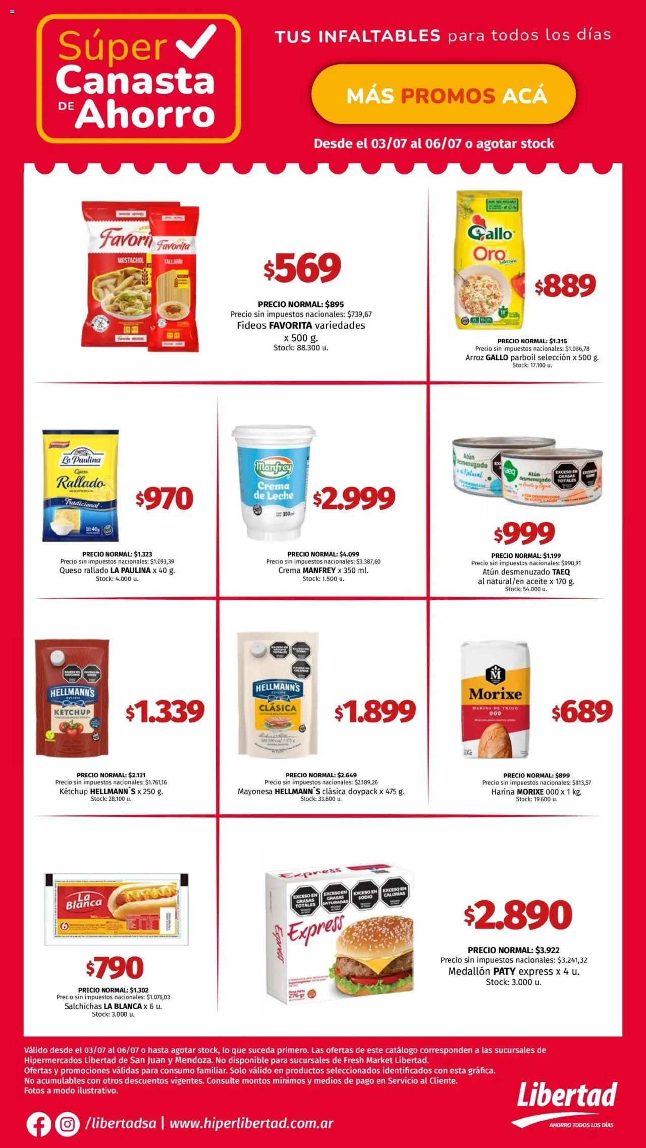 Hipermercado Libertad Canasta - CUYO del 03/07/2025 Online - Queso, Arroz, Fideos, Harina, Mayonesa, Crema de leche, Atún, Canasta