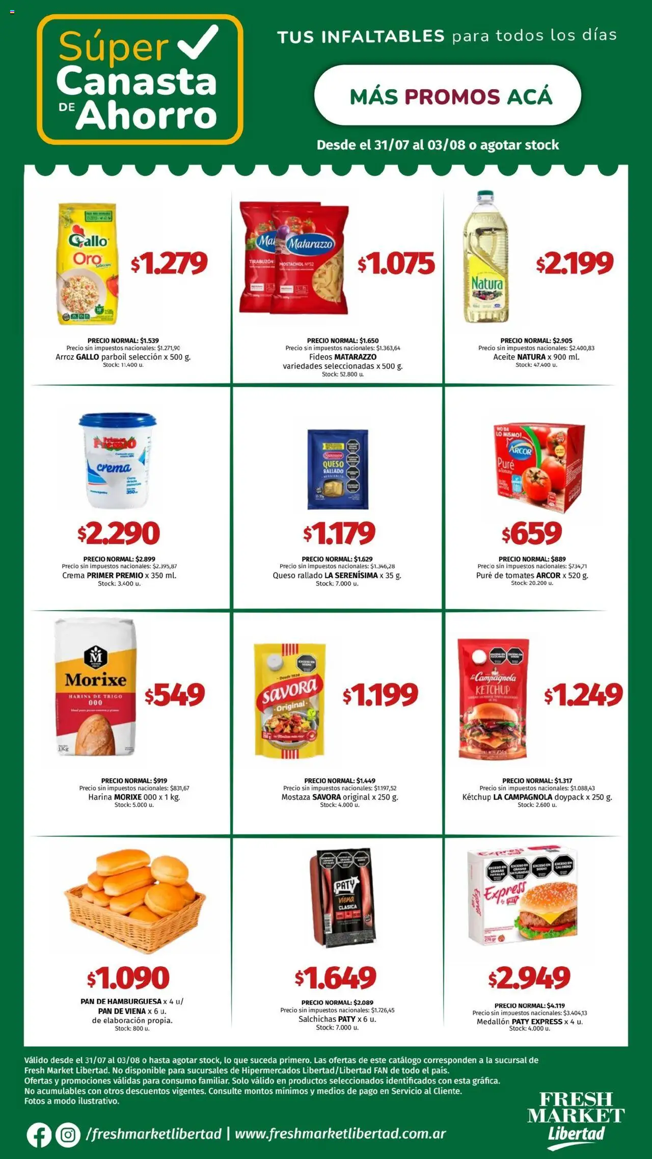 Hipermercado Libertad Canasta - DOT del 31/07/2025 Online - Mostaza, Queso, Tomates, Aceite, Fideos, Crema, Ketchup, Salchichas