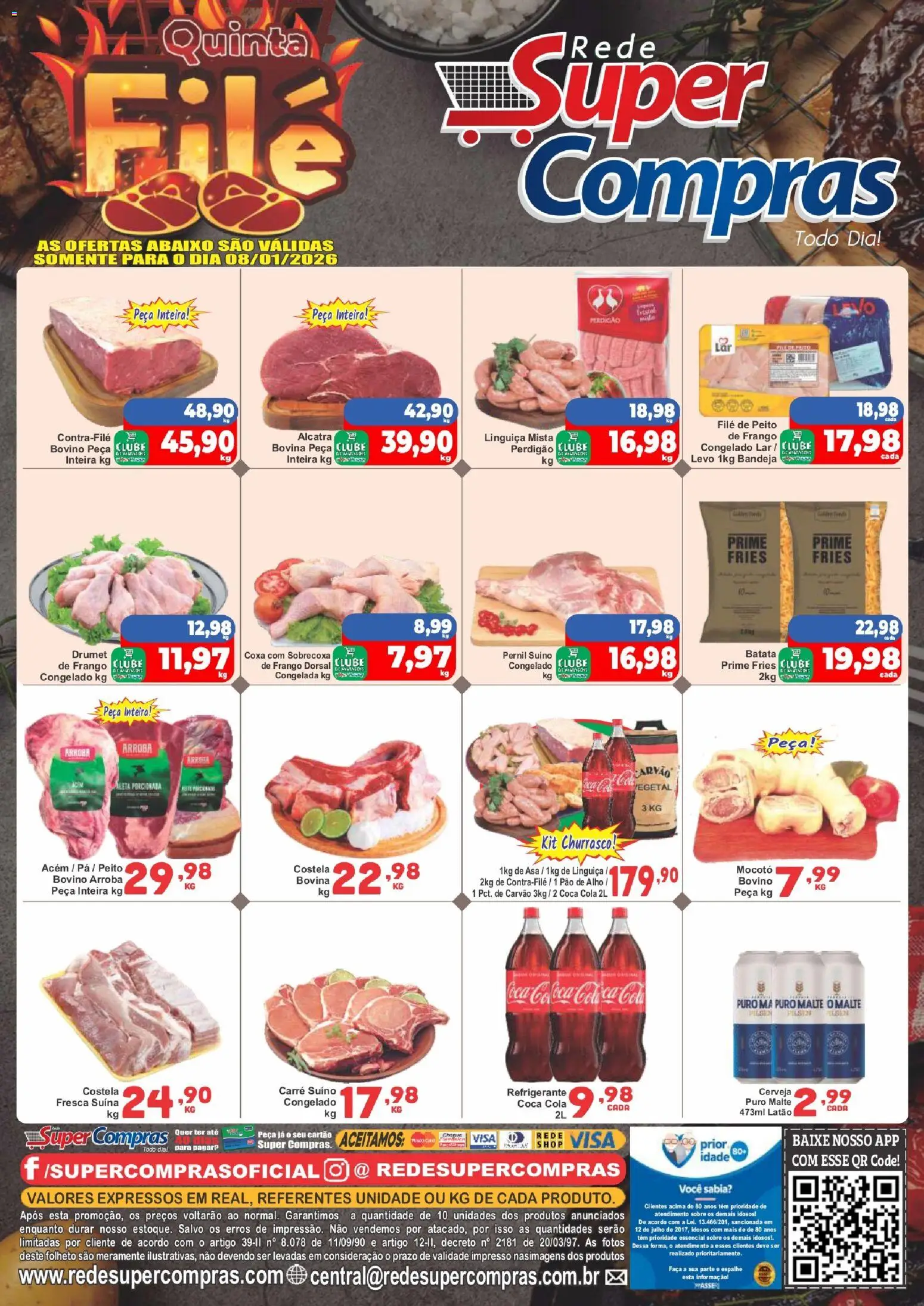 Pré-Visualização do folheto "Ofertas do Dia" da loja Rede Super Compras válido a partir de 08/01/2026 - Pão, Batata, Frango, Cola, Bandeja, Alho, Pernil suíno, Faca