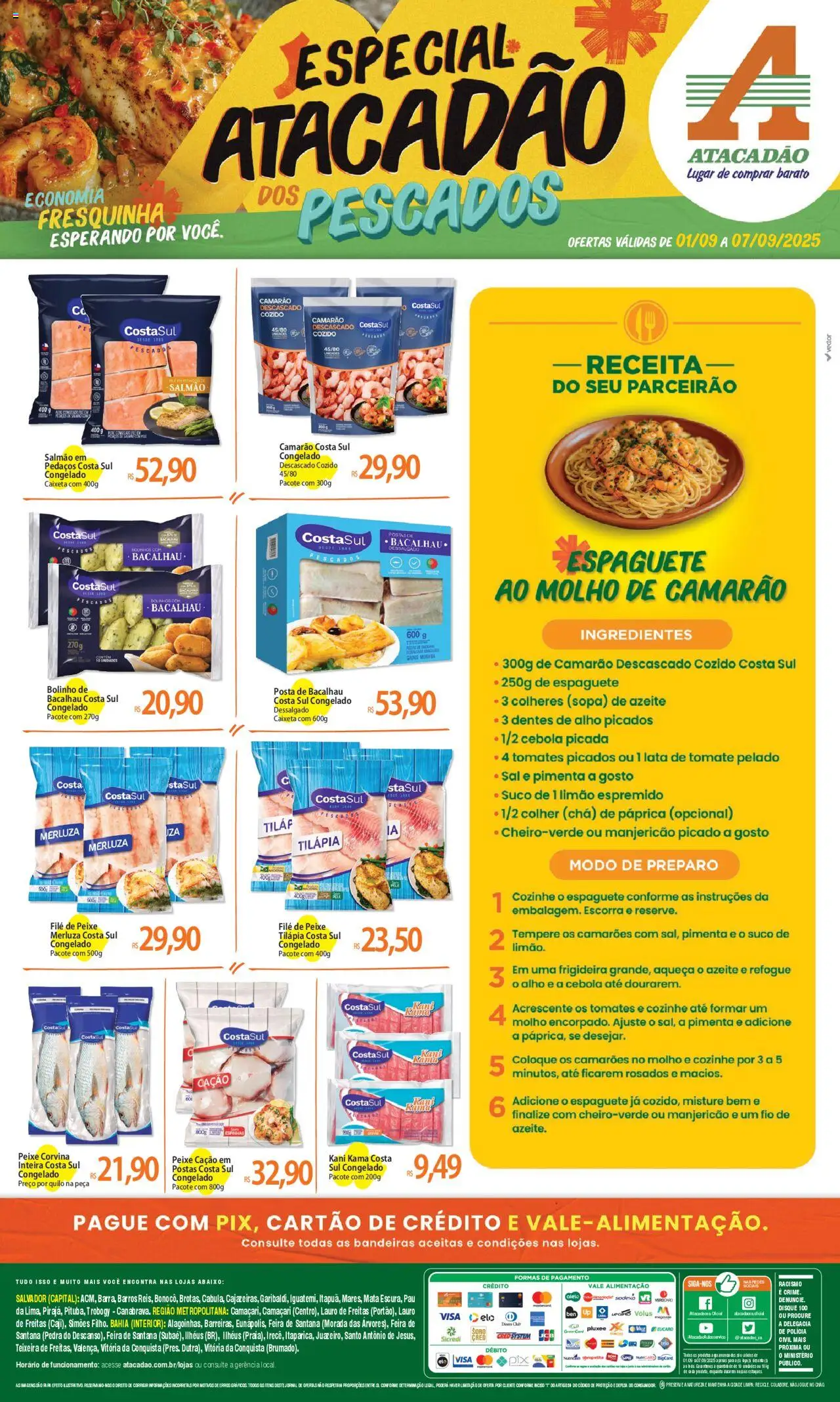 Atacadão folheto "Ofertas - BA" válido a partir de 01/09/2025 - número de página 1 - Manjericão, Azeite, Tomate, Bacalhau, Tomates, Frigideira, Alho, Espaguete