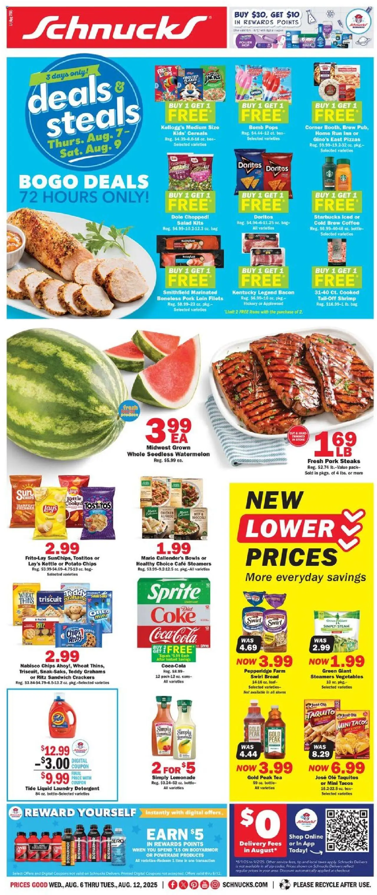 Schnucks Weekly Print Ad - WI from 08/06/2025 - Flyer - Page number 1 - Box, Tea, Chips, Broccoli, Cereals, Lemonade, Pork, Potato chips