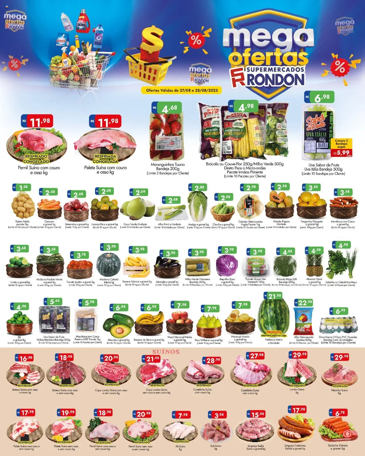 Supermercados Rondon folheto "Ofertas da semana" válido a partir de 27/08/2025 - número de página 1 - Melancia, Uva, Brócolis, Cenoura, Mandioca, Pimenta, Repolho, Alho
