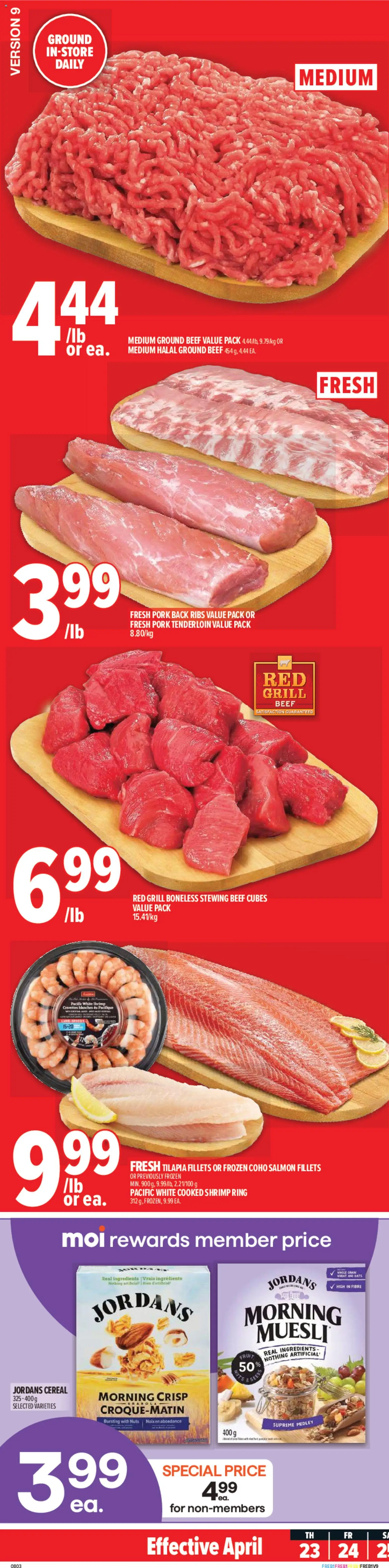 Preview of leaflet Metro weekly flyer - Québec from shop Metro is valid from Apr 23, 2026 - Salmon, Shrimp, Beef, Tilapia, Nuts, Pork, Ingredients, Beef cubes