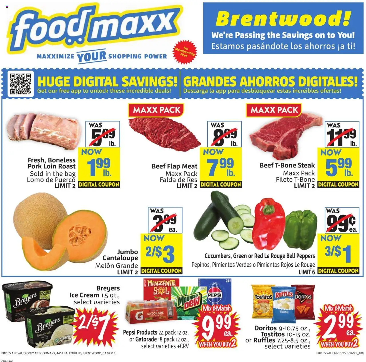 FoodMaxx Weekly Ad from 08/13/2025 - Flyer - Page number 1 - Steak, Peppers, Beef, Bag, Pork, Melon, Vanilla, Pork loin