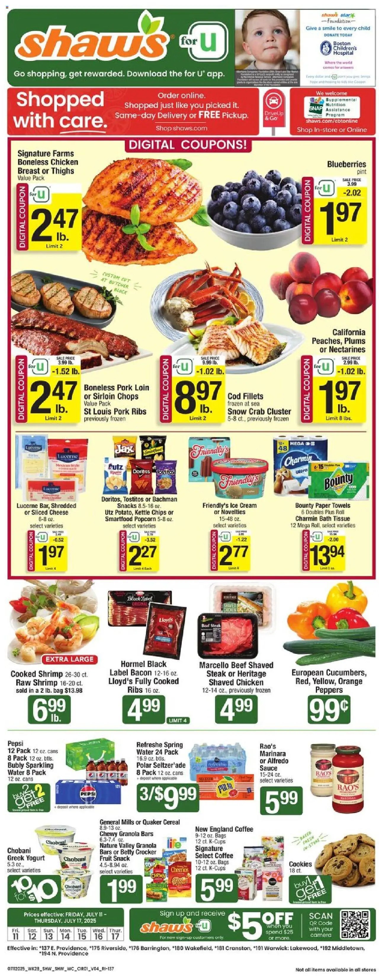 Shaw's Weekly Ad - RI from 07/11/2025 - Flyer - Page number 1 - Peppers, Nectarines, Popcorn, Coffee, Beef, Fruit, Bag, Steak