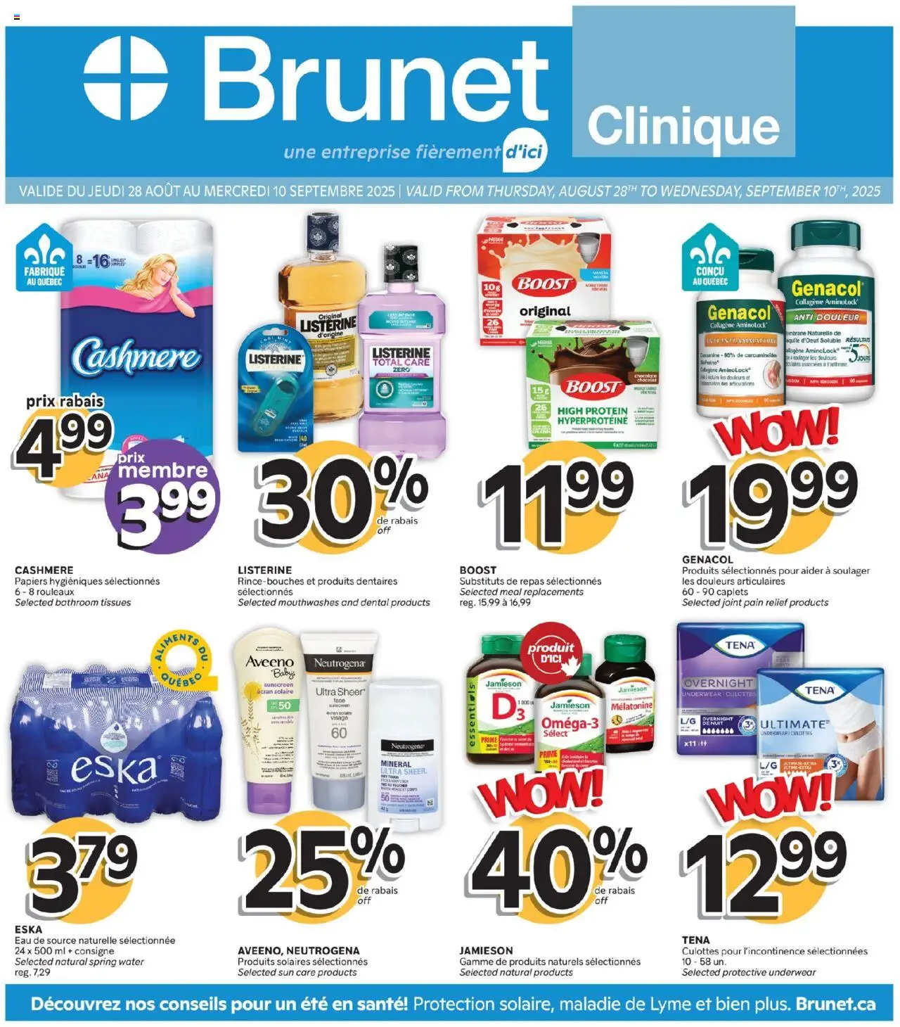 Brunet flyer valid from Aug 28, 2025 - page number 1 - Water, Protein, Sunscreen, Spring water, Underwear, Listerine, Tissues