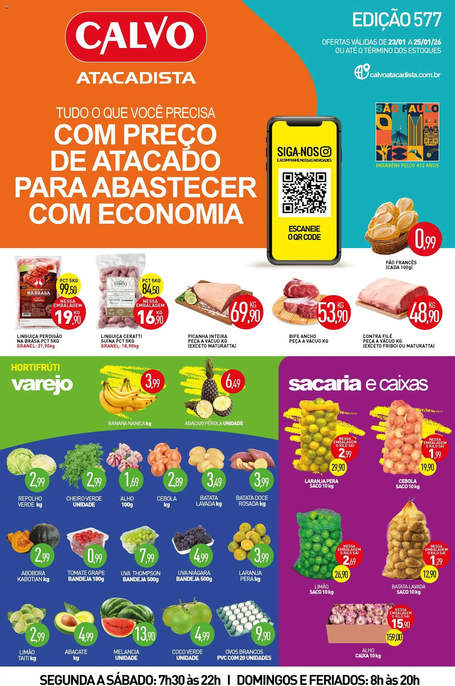 Pré-Visualização do folheto "Ofertas da semana" da loja Calvo Atacadista válido a partir de 23/01/2026 - Caixa, Melancia, Uva, Picanha, Pão, Batata, Tomate, Linguiça