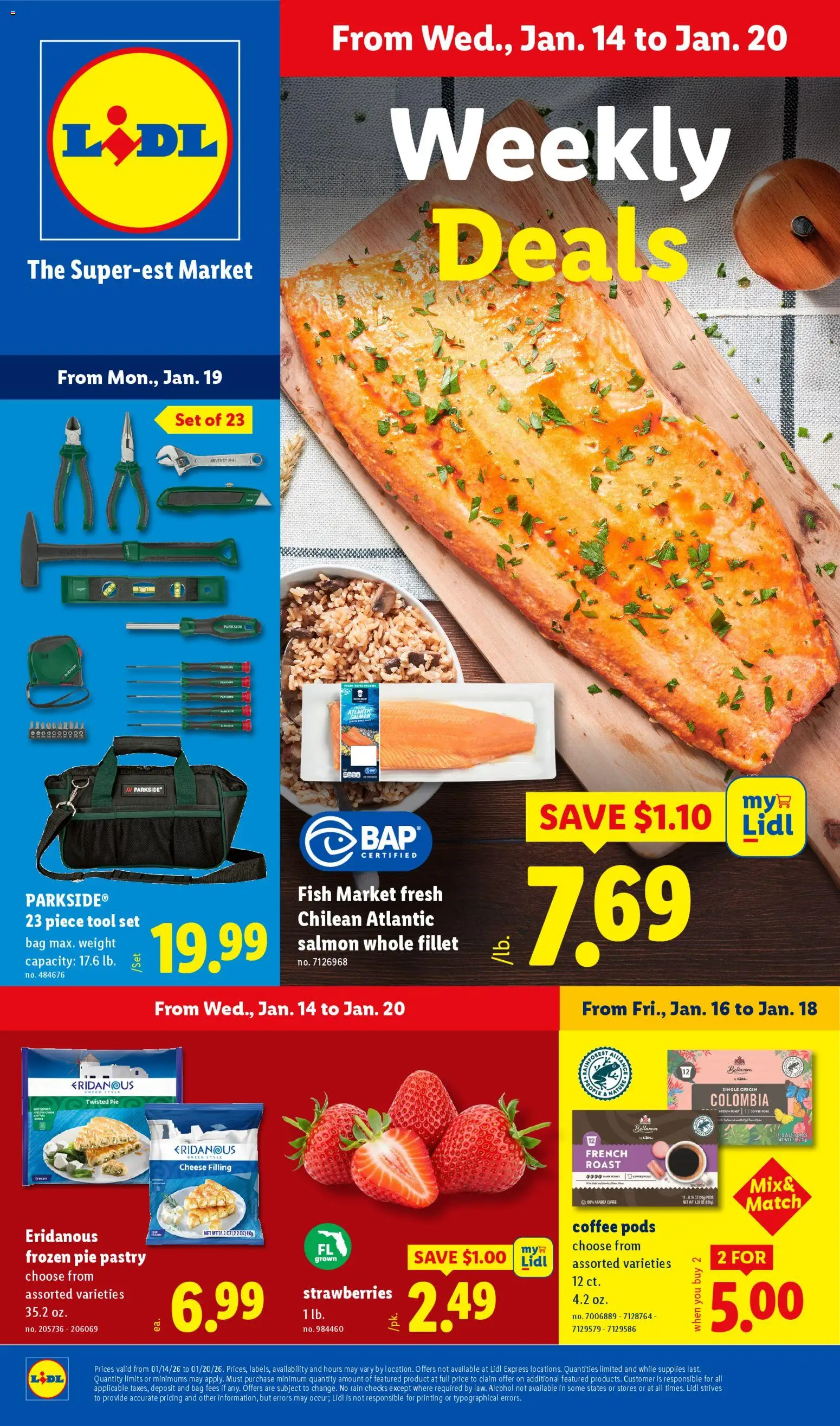 Ad Preview of Lidl Weekly Ad from 01/14/2026 - Coffee, Fish, Alcohol, Strawberries, Cheese, Salmon, Bag, Weight