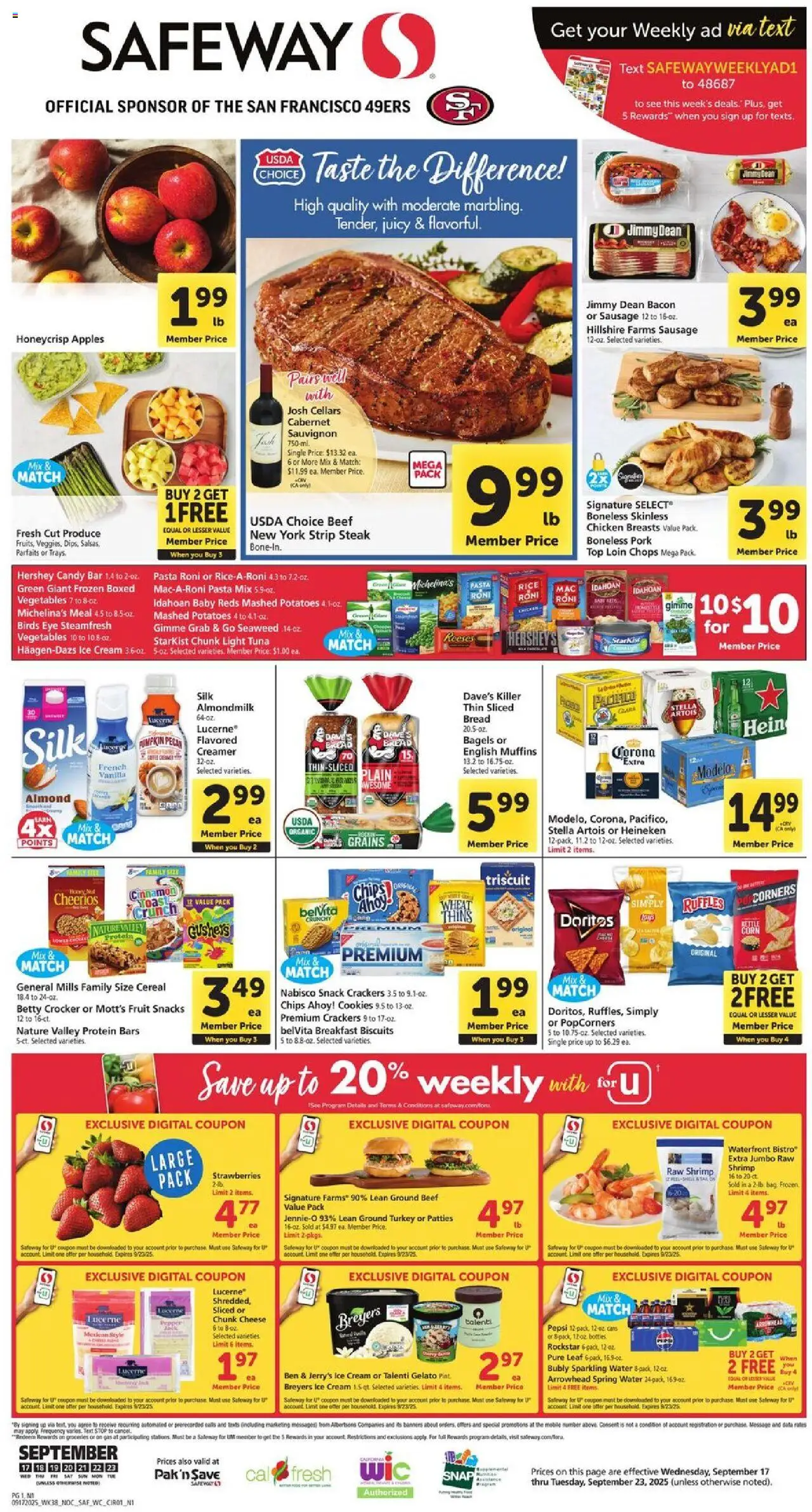 Ad Preview of Safeway Weekly Ad from 09/17/2025 - Turkey, Matcha, Ice, Snacks, Cheese, Bread, Tuna, Ground turkey