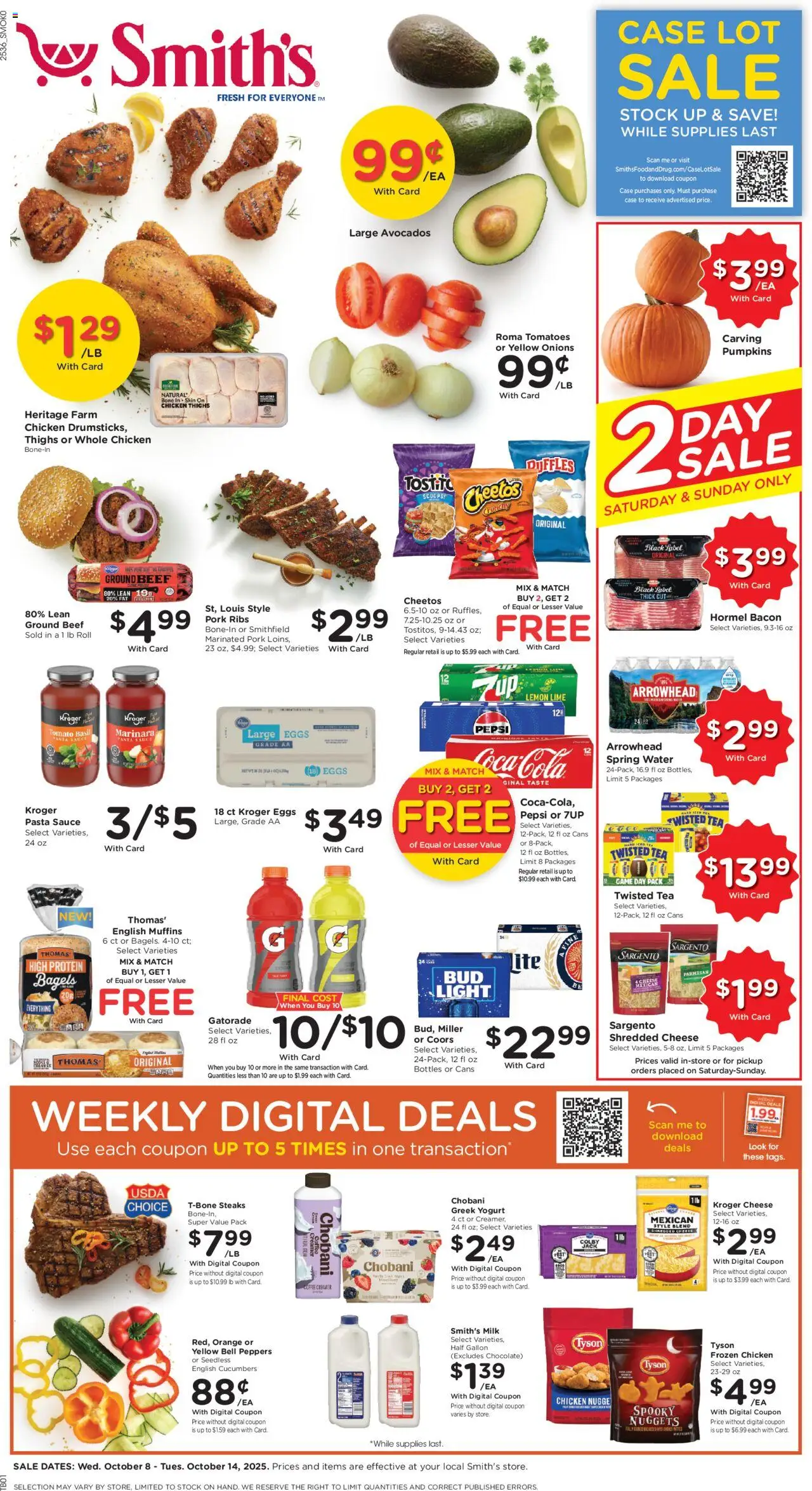 Smith's Weekly Ad - WY from 10/08/2025 - Flyer - Page number 1 - Chocolate, Pasta, Cheese, Lime, Ground beef, Cream, Sauce, Pork ribs