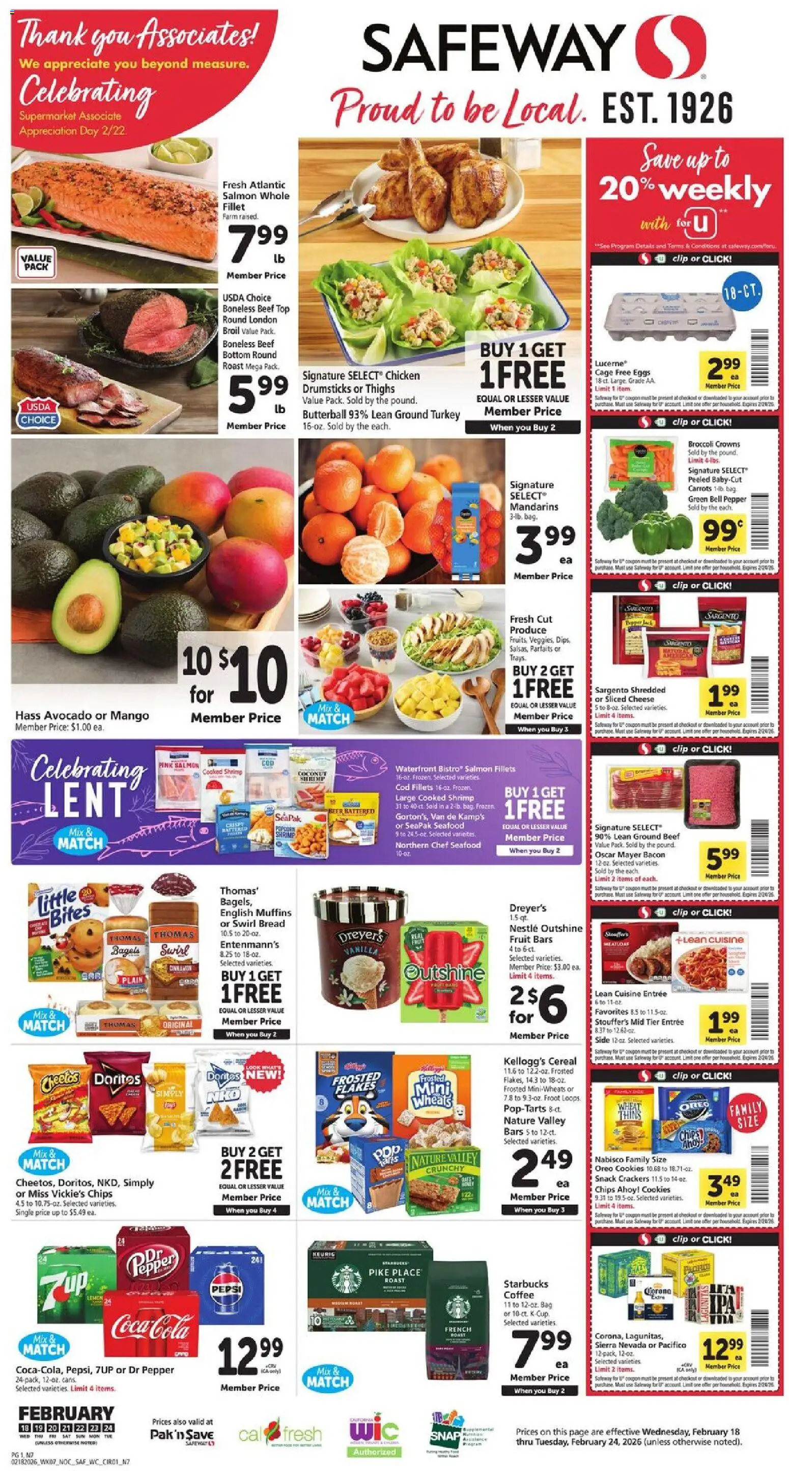 Ad Preview of Safeway Weekly Ad from 02/18/2026 - Cookies, Turkey, Beer, Avocado, Crowns, Ground beef, Bag, Vanilla