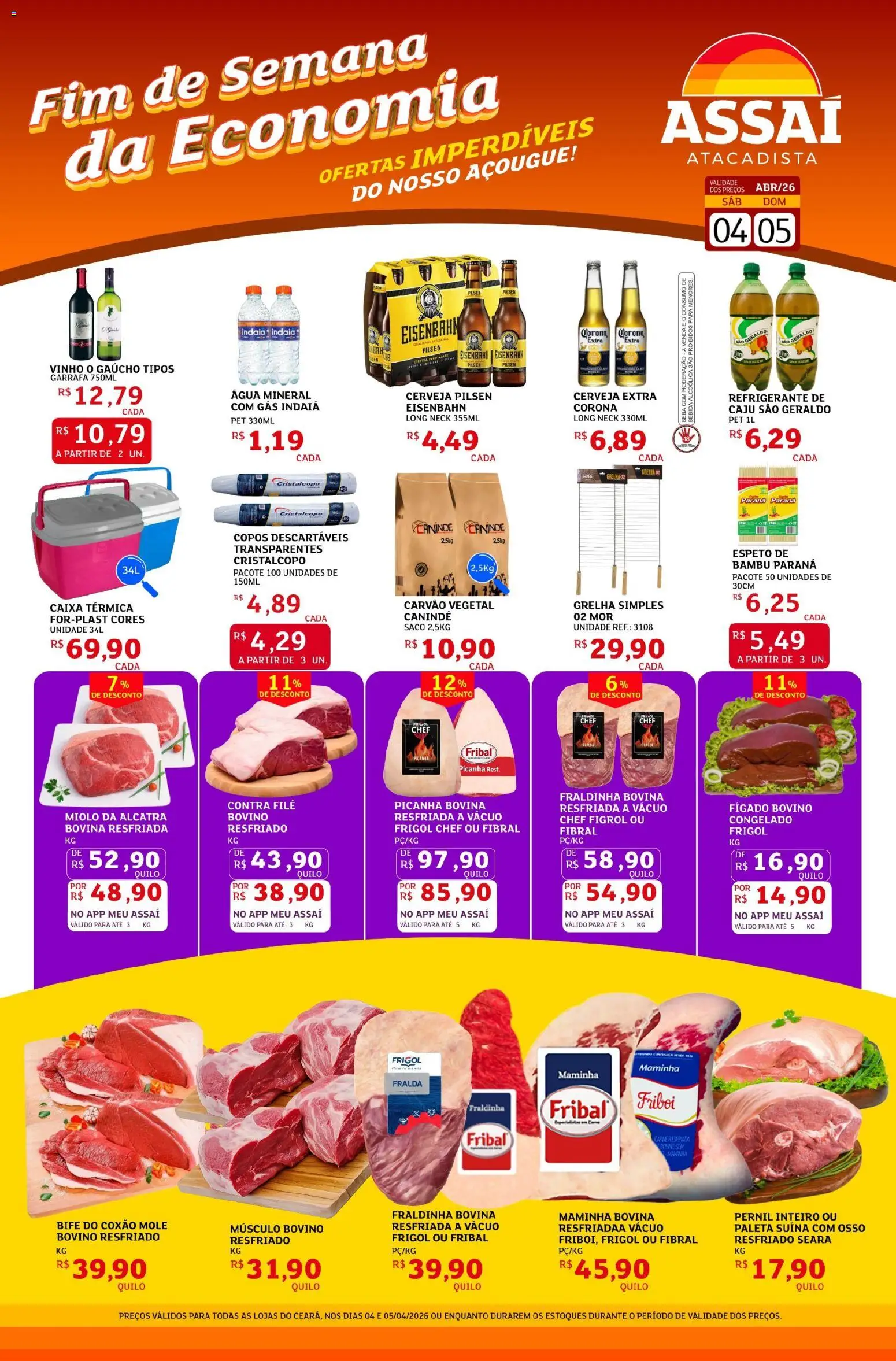 Pré-Visualização do folheto "Assaí Atacadista ofertas - CE" da loja Assaí Atacadista válido a partir de 04/04/2026 - Cerveja, Caju, Vinho, Picanha, Bebida, Contra filé, Músculo bovino, Coxão mole