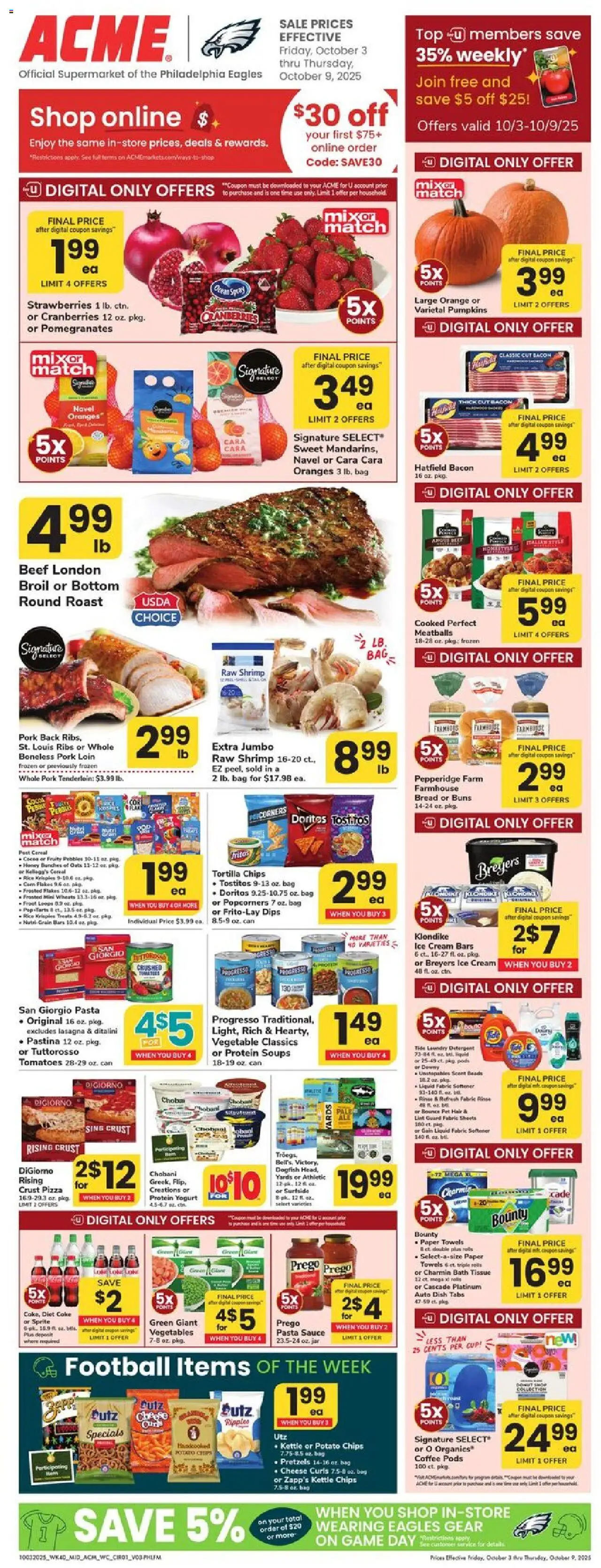 Acme Weekly Ad from 10/03/2025 - Circular, Flyer - Page number 1 - Coffee, Game, Soups, Honey, Vegetables, Protein, Cream, Fabric softener