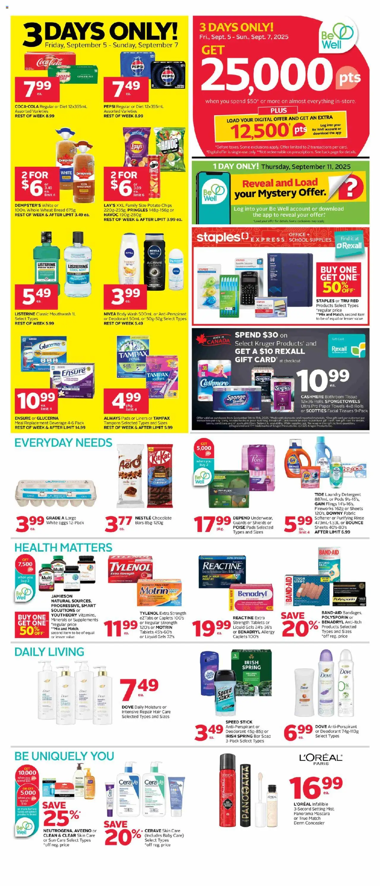 Rexall flyer valid from Sep 05, 2025 - page number 1 - Bread, Ice, Milk, Pepsi, Deodorant, Paper towels, Towels, Body wash
