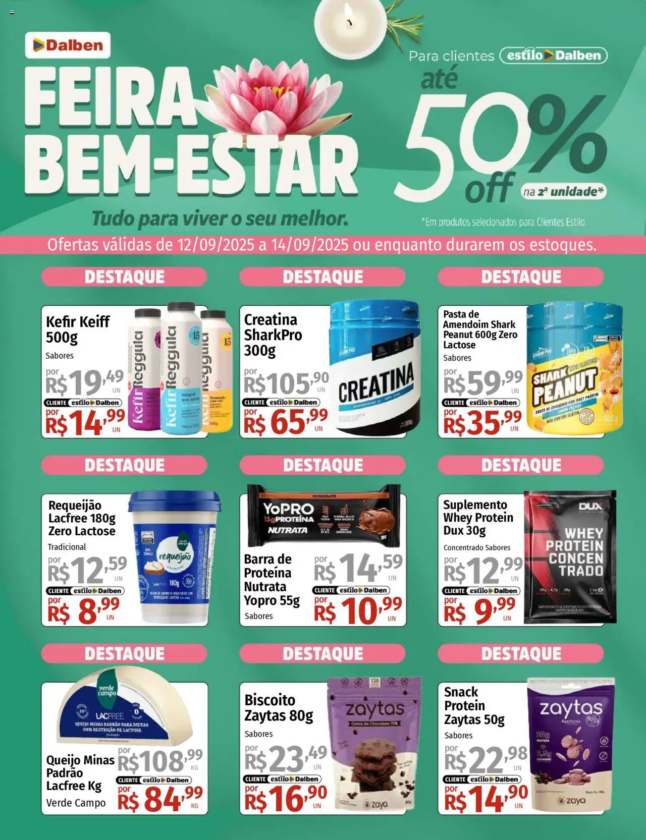 Supermercado Dalben folheto "Ofertas Feira Bem-Estar" válido a partir de 12/09/2025 - número de página 1 - Creatina, Whey protein, Amendoim, Pasta de amendoim, Biscoito, Paçoca, Pasta, Proteína Whey