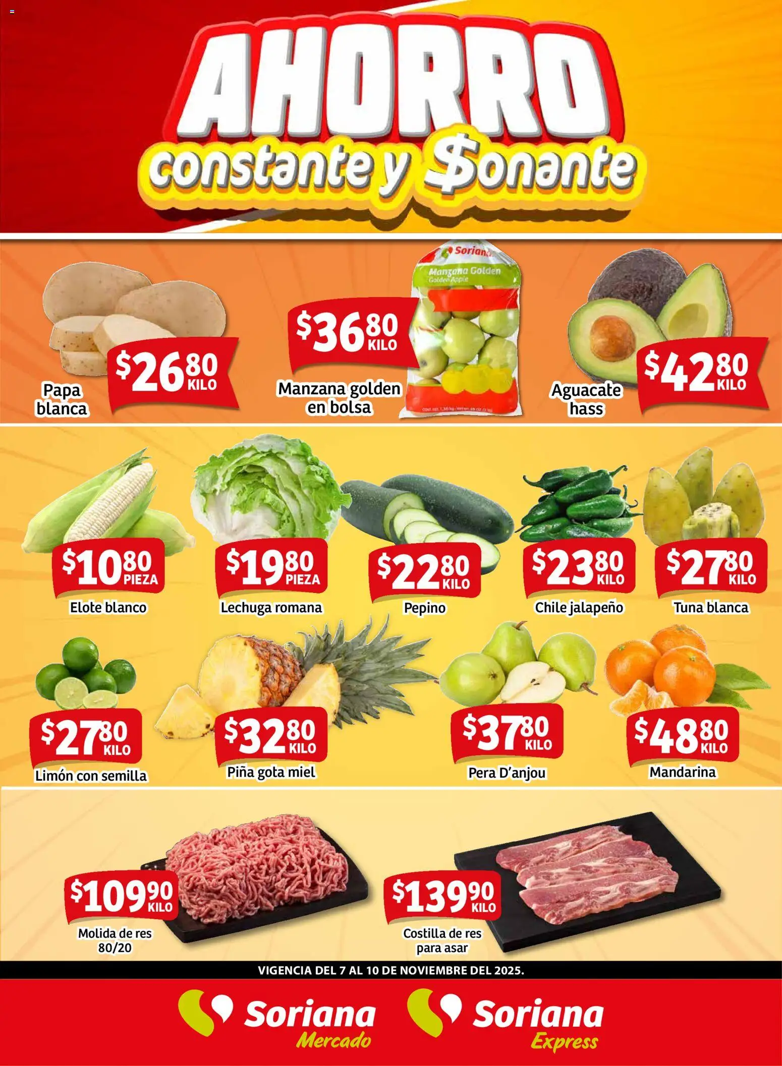 Vista previa las ofertas de la tienda Soriana - Fin de Semana Mercado: Ver, Tab, Chis, Camp, Yuc y Q. Roo desde el 07/11/2025 - Papa, Chile, Aguacate, Piña, Pera, Lechuga romana, Miel, Res