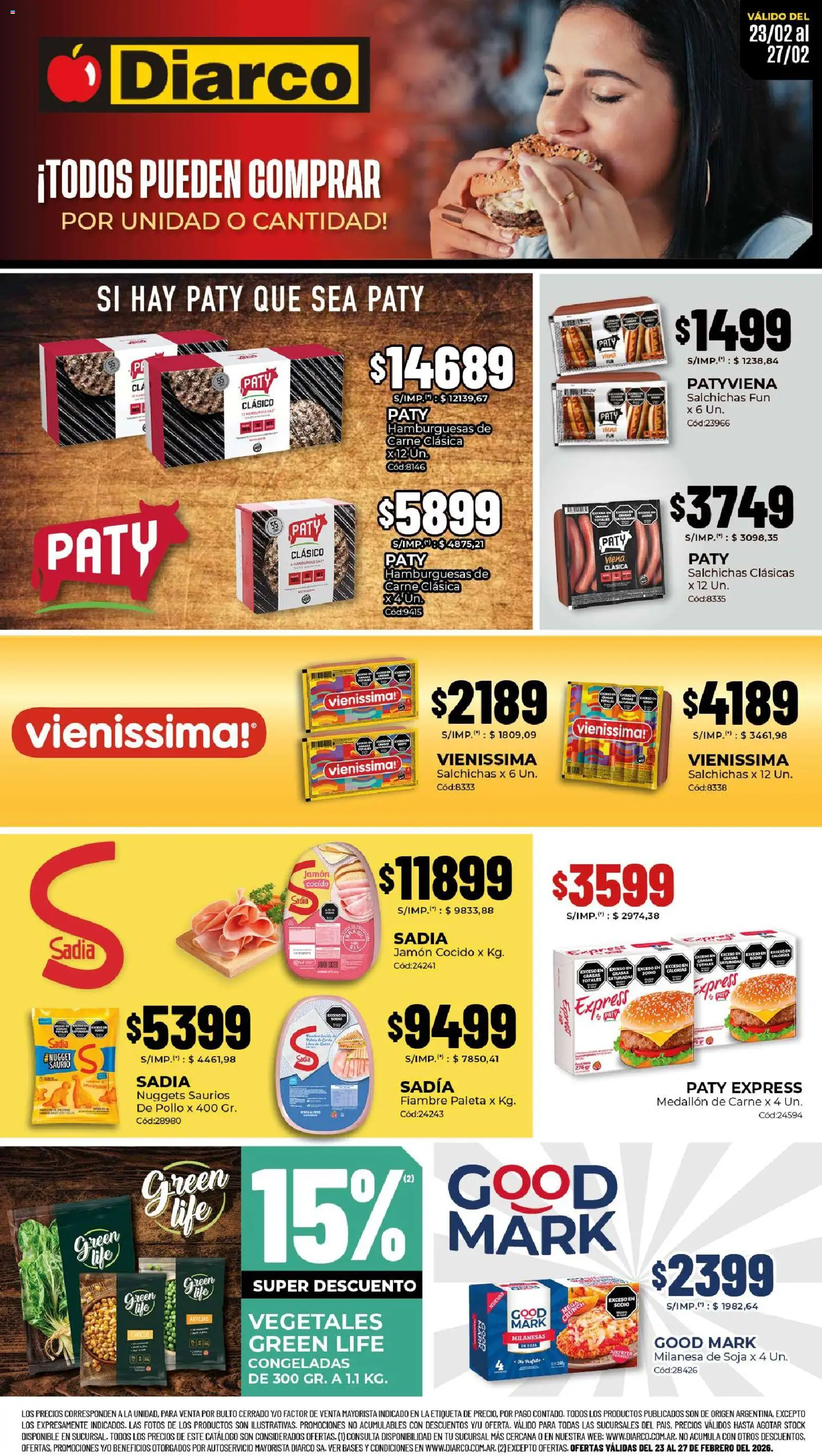 Vista previa del folleto de la tienda Diarco válido desde el 23/02/2026 - Milanesas, Milanesa, Pollo, Carne, Arvejas, Choclo, Jamón cocido, Salchichas