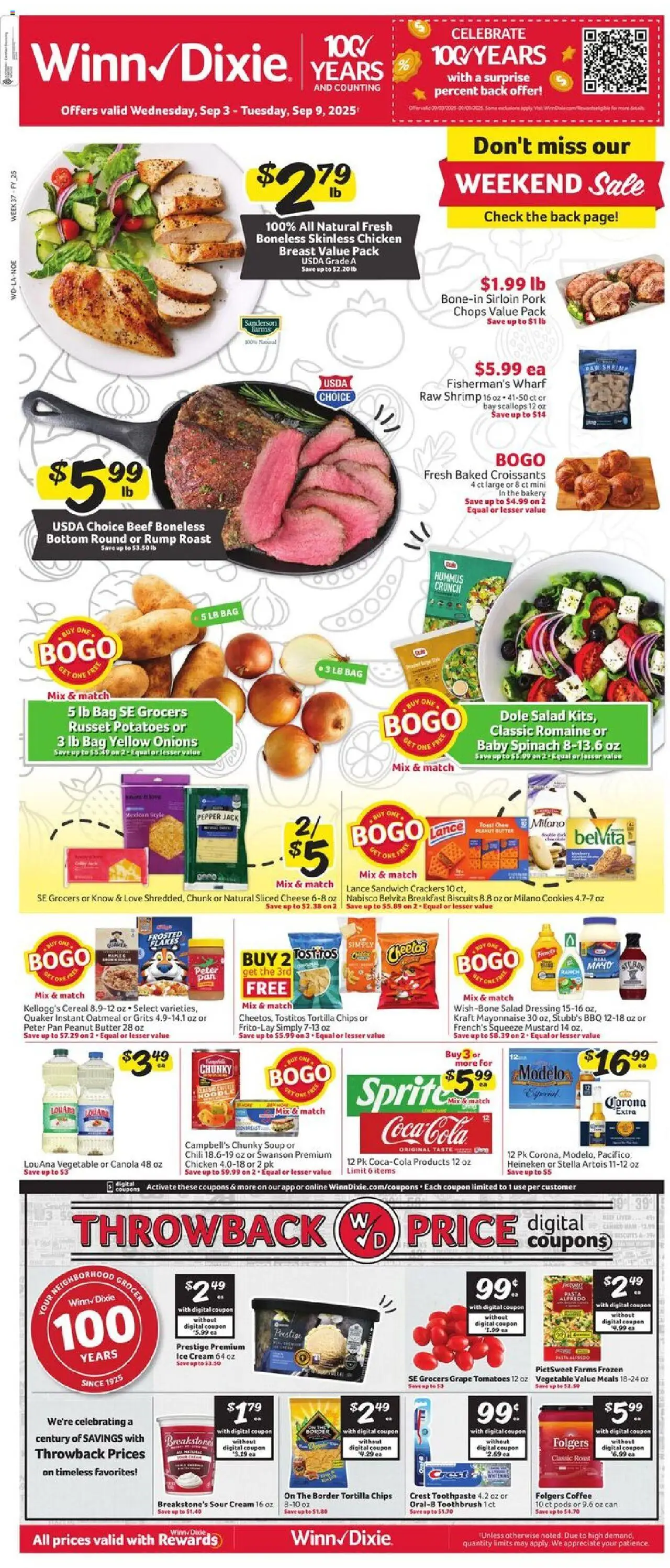 Winn Dixie Weekly Ad from 09/03/2025 - Flyer - Page number 1 - Butter, Peanut butter, Pork, Mustard, Toothpaste, Toothbrush, Tortilla chips, Chicken