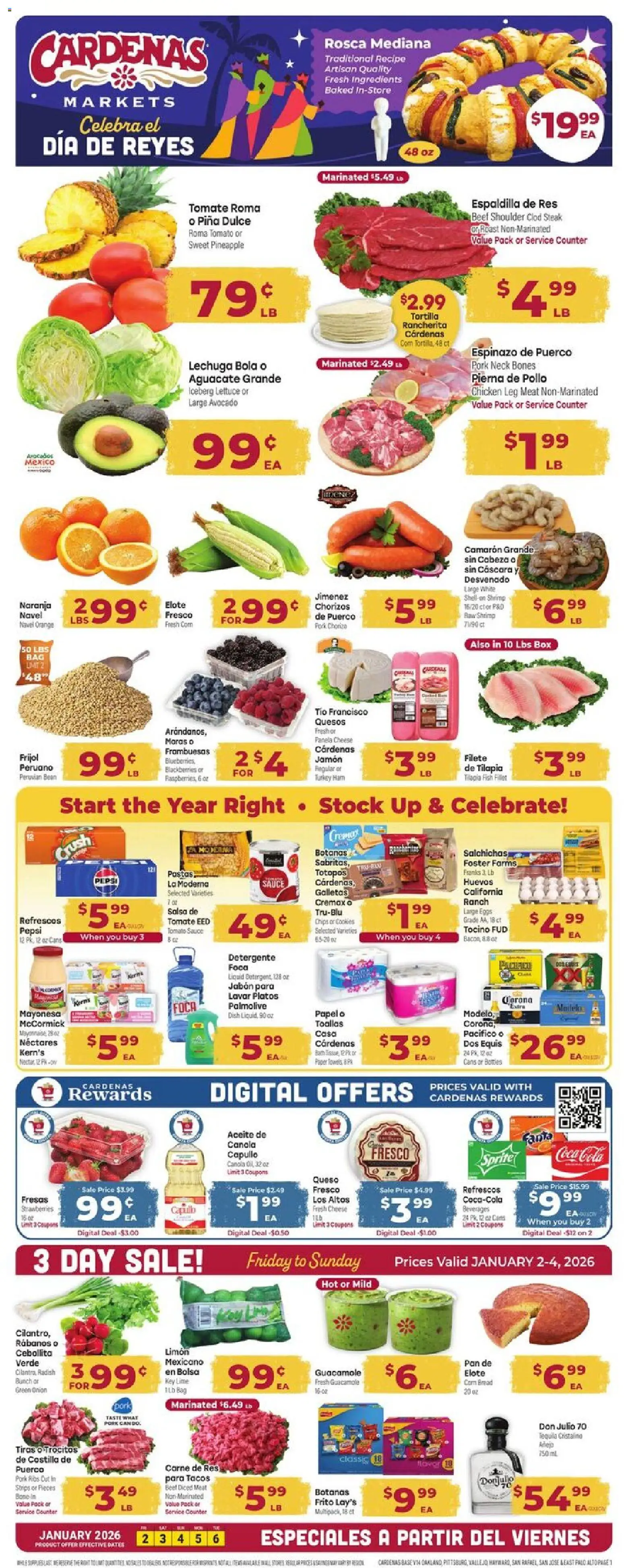 Ad Preview of Cardenas Weekly Ad from 01/02/2026 - Box, Chips, Bread, Tomato, Sprite, Fanta, Iceberg lettuce, Chicken
