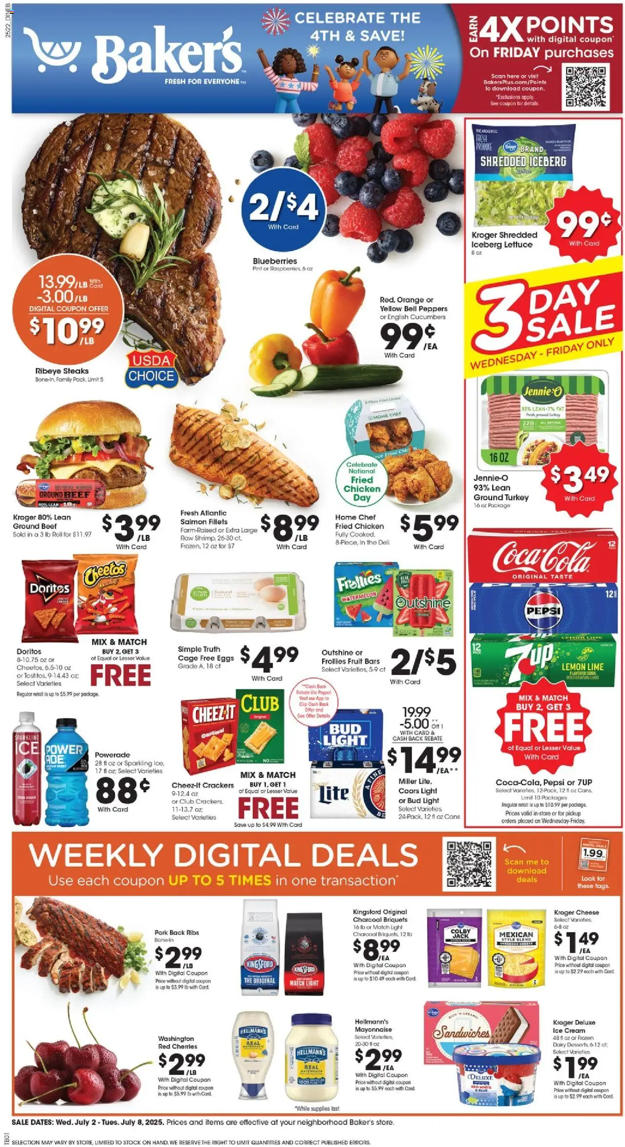 Baker's Weekly Ad from 07/02/2025 - Flyer - Page number 1 - Ice cream, Turkey, Salmon, Cherries, Beef, Cream, Mayonnaise, Clip