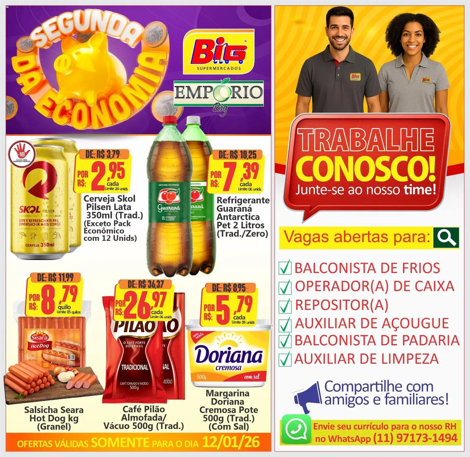 Pré-Visualização do folheto "Ofertas do Dia" da loja Big Supermercados válido a partir de 12/01/2026 - Café, Sal, Salsicha, Álcool, Refrigerante, Guaraná, Margarina, Café pilão