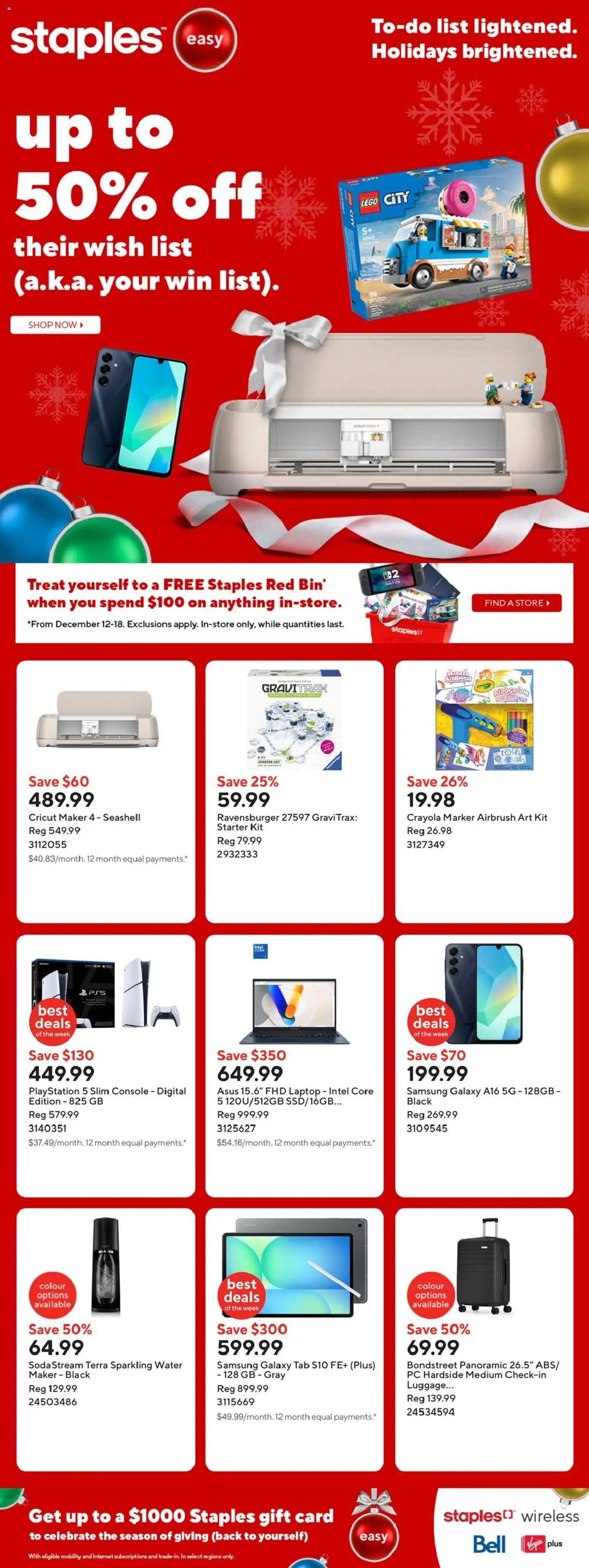 Preview of leaflet Weekly flyer / circulaire from shop Staples is valid from Dec 12, 2025 - Playstation, Water, Laptop, PC, Luggage