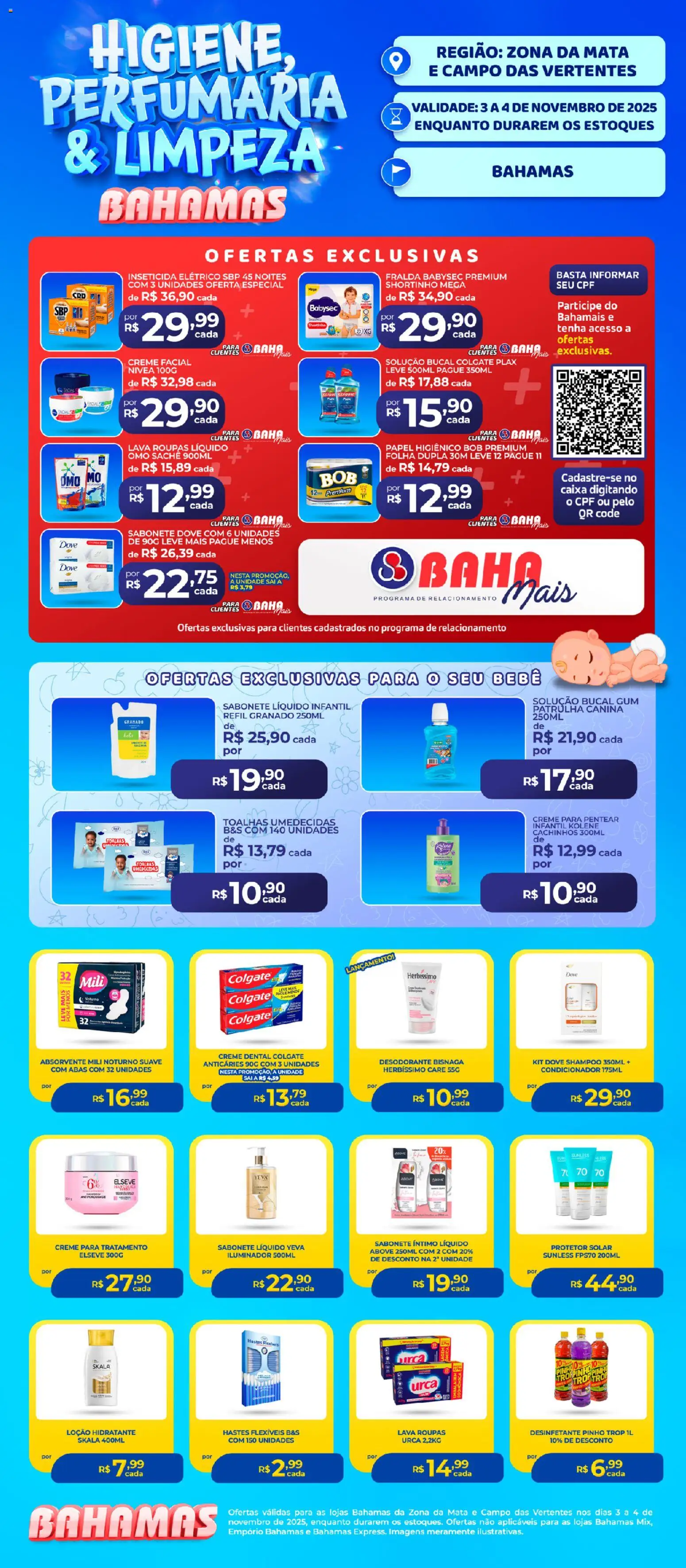 Pré-Visualização do folheto "Ofertas Higiene e Limpeza" da loja Bahamas Supermercados válido a partir de 03/11/2025 - Caixa, Protetor solar, Papel higiênico, Dove, Iluminador, Creme facial, Creme para pentear, Solução bucal