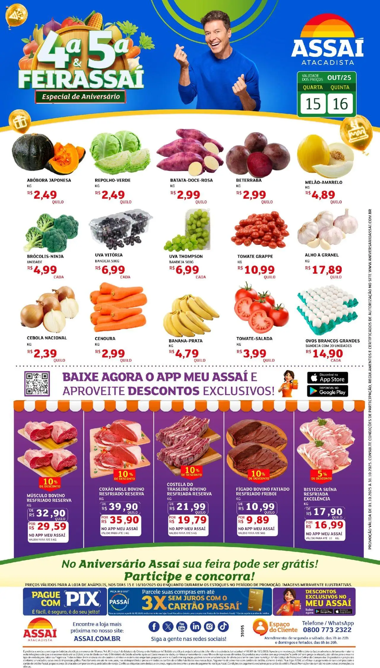 Assaí Atacadista folheto "Encarte - GO" válido a partir de 15/10/2025 - número de página 1 - Telefone, Bebidas, Base, Bebida, Cebola, Bandeja, Músculo bovino, Coxão mole