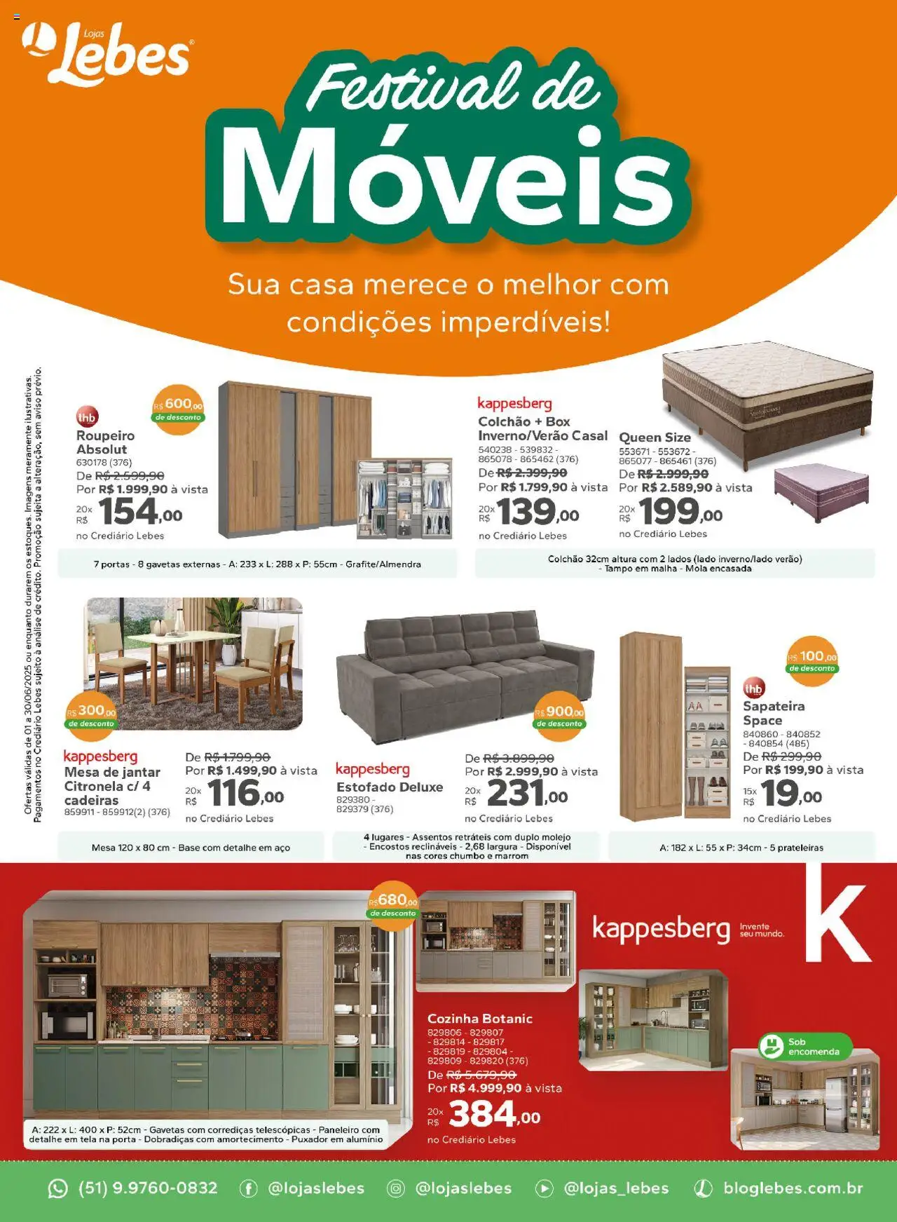 Lebes folheto "Ofertas Festival de Móveis" válido a partir de 01/06/2025 - número de página 1 - Porta, Sapateira, Portas, Colchão, Mesa, Tela, Base, Mesa de jantar