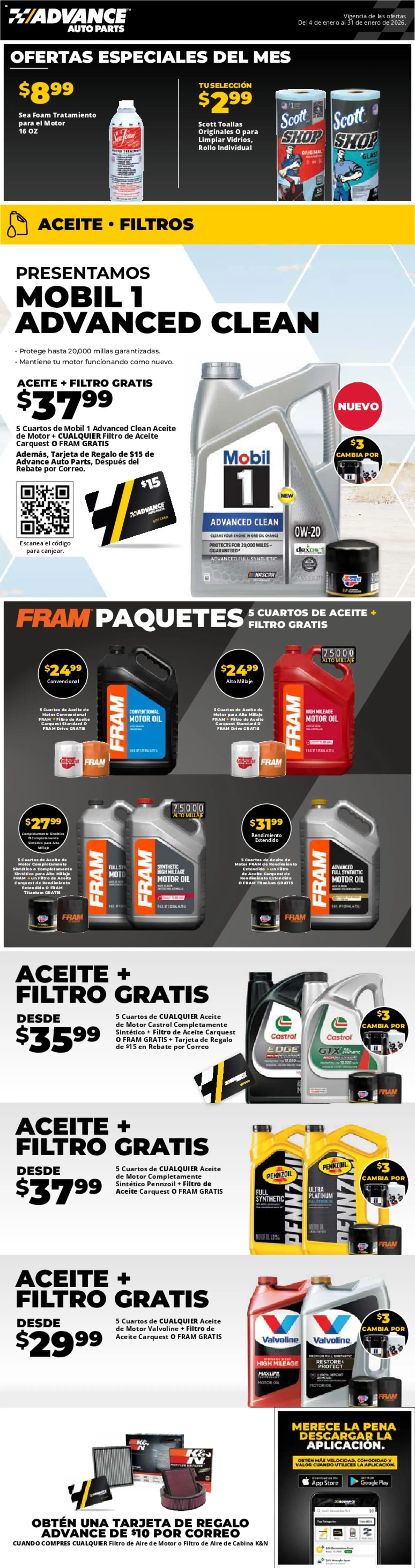Ad Preview of Advance Auto Parts Weekly Ad - Spanish from 01/04/2026 - Oil, Foam, Motor Oil