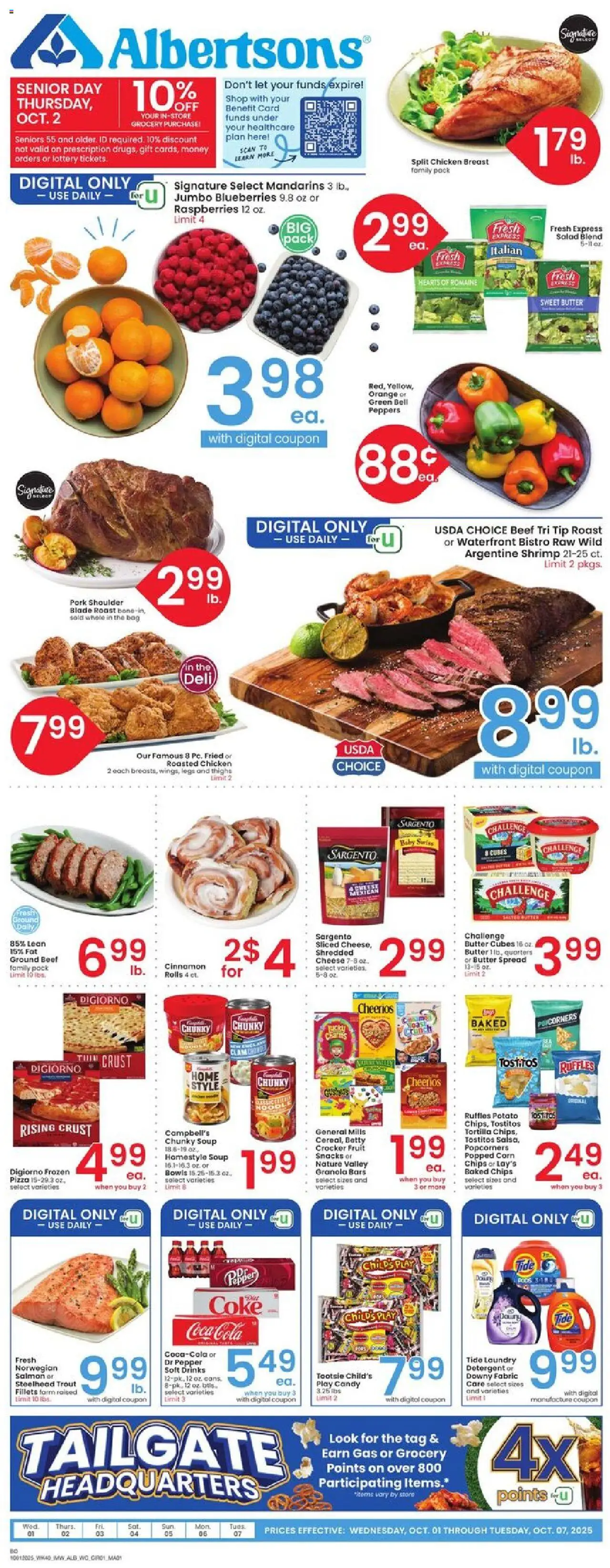 Albertsons Weekly Ad from 10/01/2025 - Flyer - Page number 1 - Pizza, Candy, Blueberries, Raspberries, Peppers, Bag, Mandarins, Pork