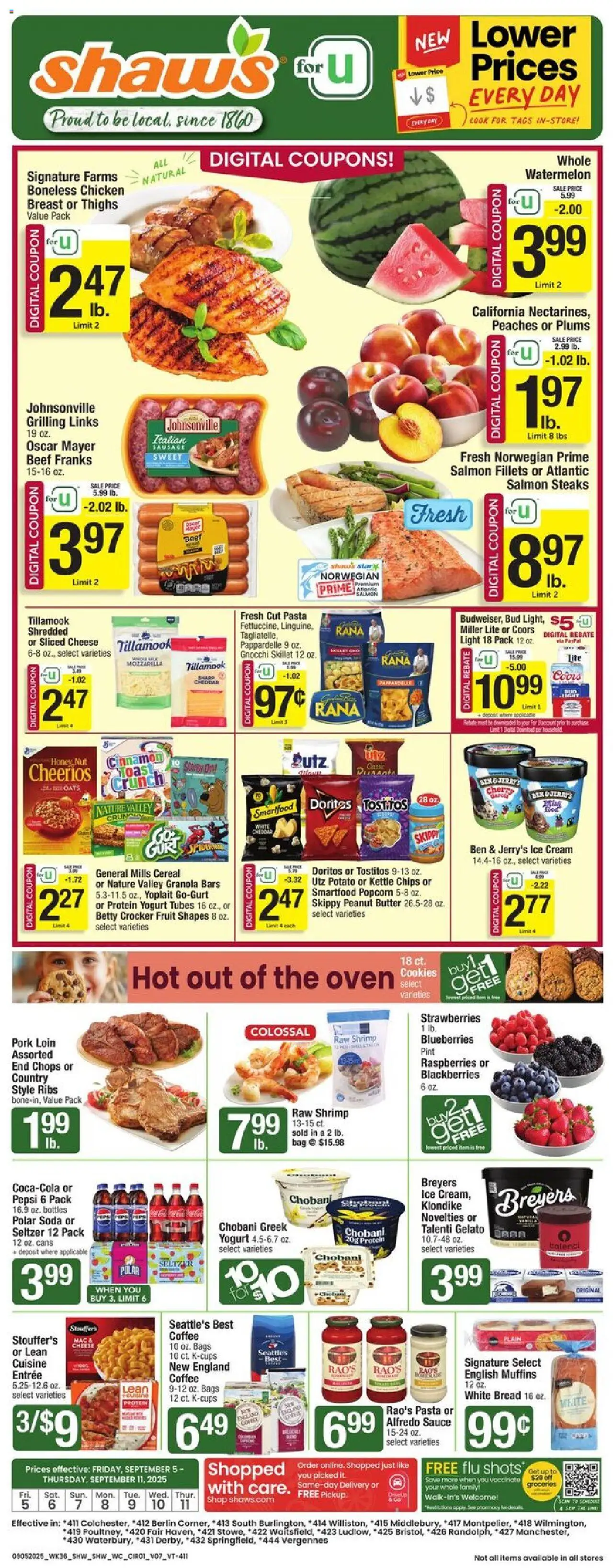 Shaw's Weekly Ad - VT from 09/05/2025 - Flyer - Page number 1 - Pasta, Strawberries, Watermelon, Shrimp, Pepsi, Cream, Mozzarella, Kettle