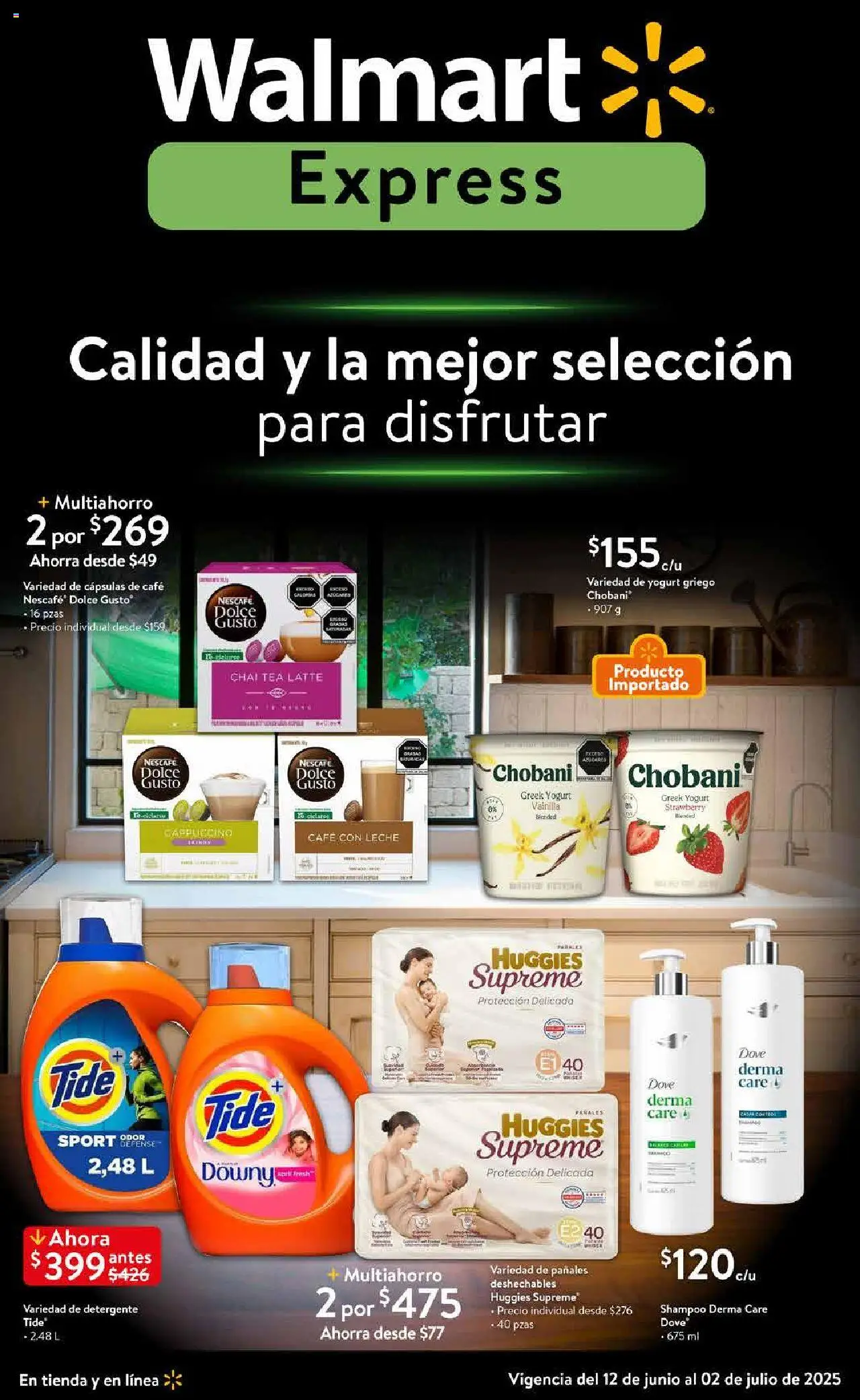 Folleto Calidad Walmart Express y sus promociones válidas desde el 12/06/2025 - Número de página 1 - Leche, Café, Detergente, Pañales, Shampoo, Cápsulas, Vainilla