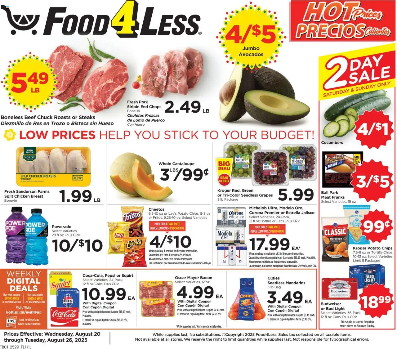 Food 4 Less Weekly Ad from 08/20/2025 - Flyer - Page number 1 - Chips, Pepsi, Cucumbers, Grapes, Mandarins, Beef chuck, Seedless grapes, Chicken