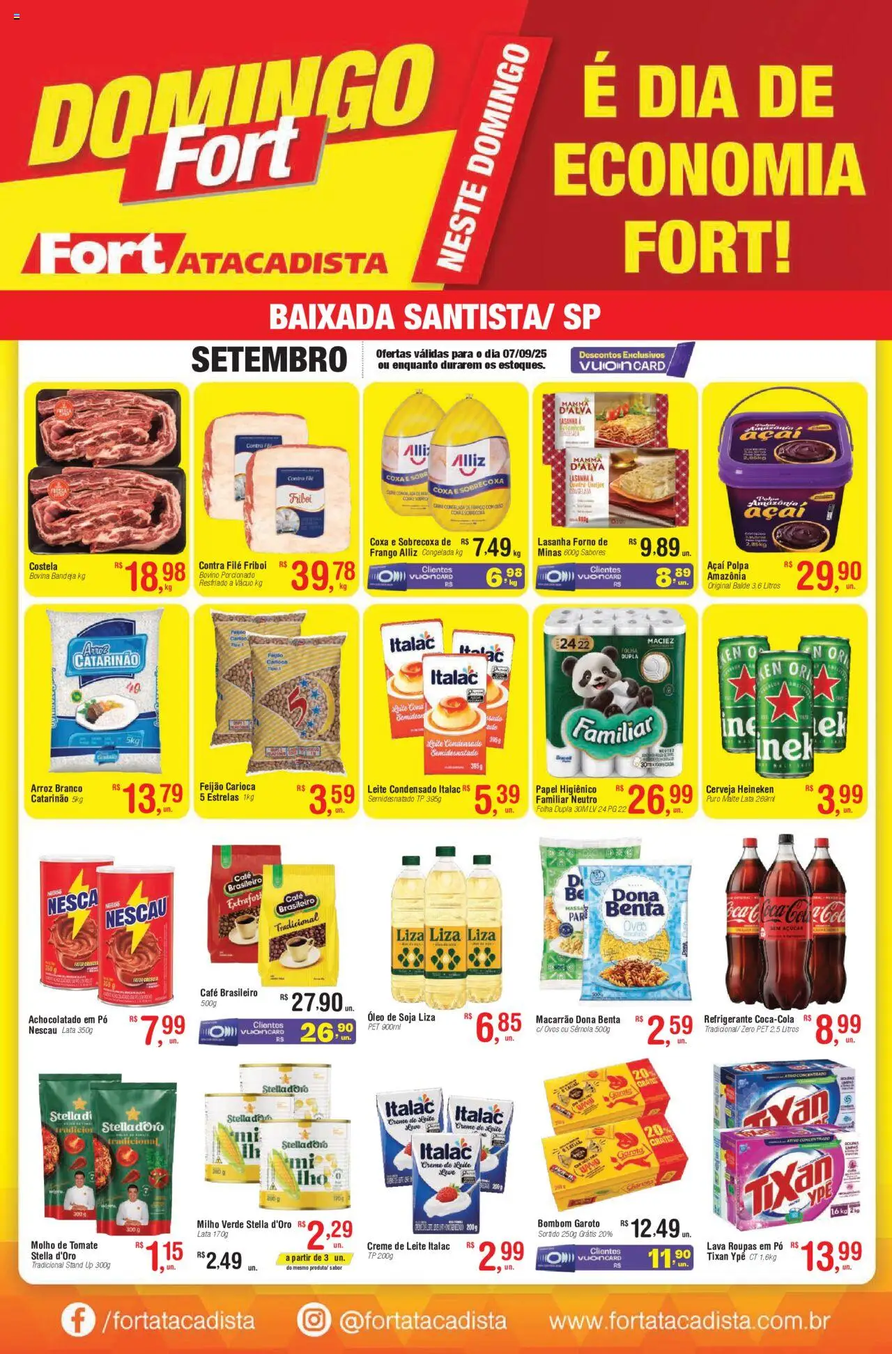 Fort Atacadista folheto "Ofertas Domingo" válido a partir de 07/09/2025 - número de página 1 - Leite condensado, Arroz, Feijão, Carne, Forno, Pó, Bandeja, Contra filé