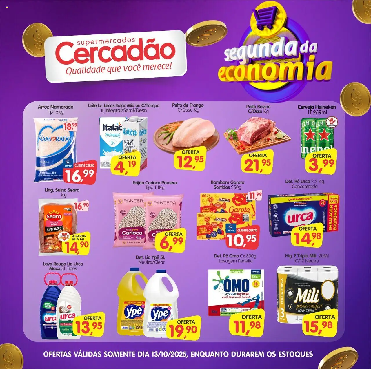 Cercadão folheto "Ofertas da semana" válido a partir de 13/10/2025 - número de página 1 - Heineken, Cerveja, Arroz, Leite, Bombom, Peito de frango, Pó, Linguiça