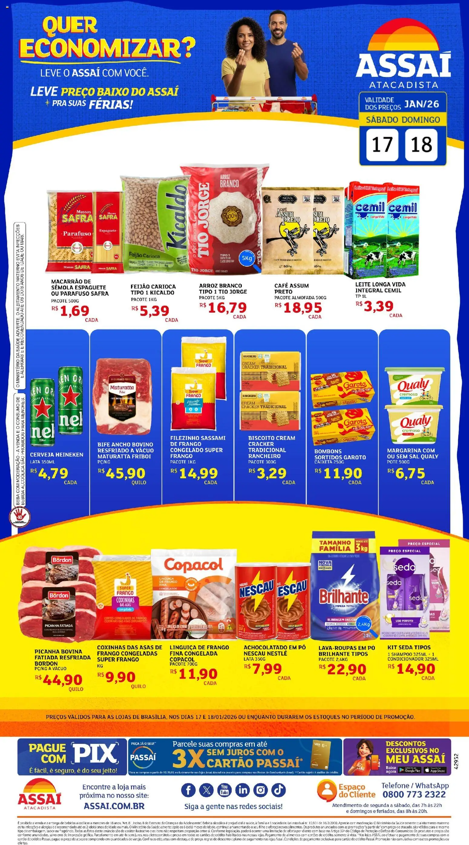 Pré-Visualização do folheto "Encarte - DF" da loja Assaí Atacadista válido a partir de 17/01/2026 - Café, Cerveja, Cerveja Heineken, Carne, Bife ancho, Pó, Margarina, Cream cracker