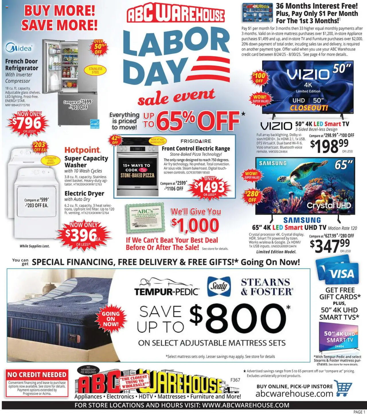 ABC Warehouse Weekly Ad from 08/24/2025 - Flyer - Page number 1 - Pizza, Tv, Refrigerator, Mattress, Basket, Dryer, Usb, Compressor