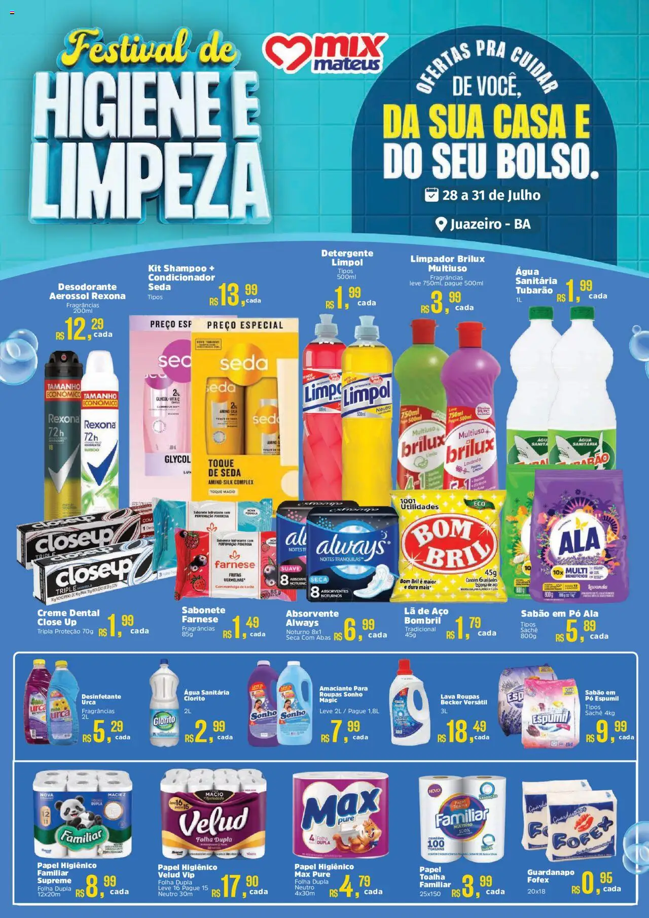 Mateus folheto "Ofertas Festival de Higiene e Limpeza" válido a partir de 28/07/2025 - número de página 1 - Absorvente, Sonho, Desinfetante, Creme, Rexona, Água sanitária, Condicionador, Esponja