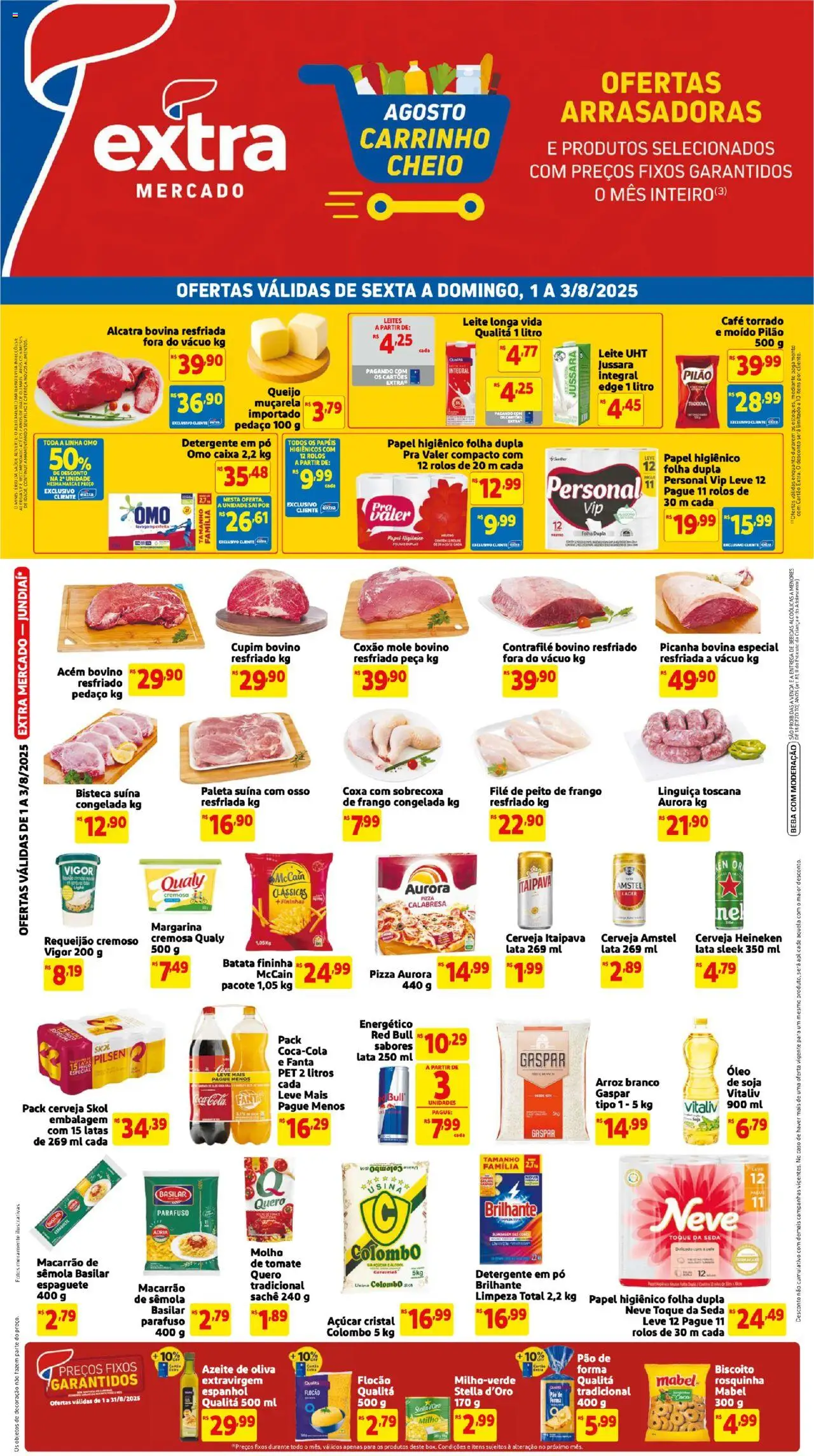 Extra folheto "Ofertas de Mercado Fim de Semana" válido a partir de 01/08/2025 - número de página 1 - Biscoito, Frango, Açúcar, Azeite de oliva, Papel higiênico, Requeijão, Rosquinha, Açúcar cristal