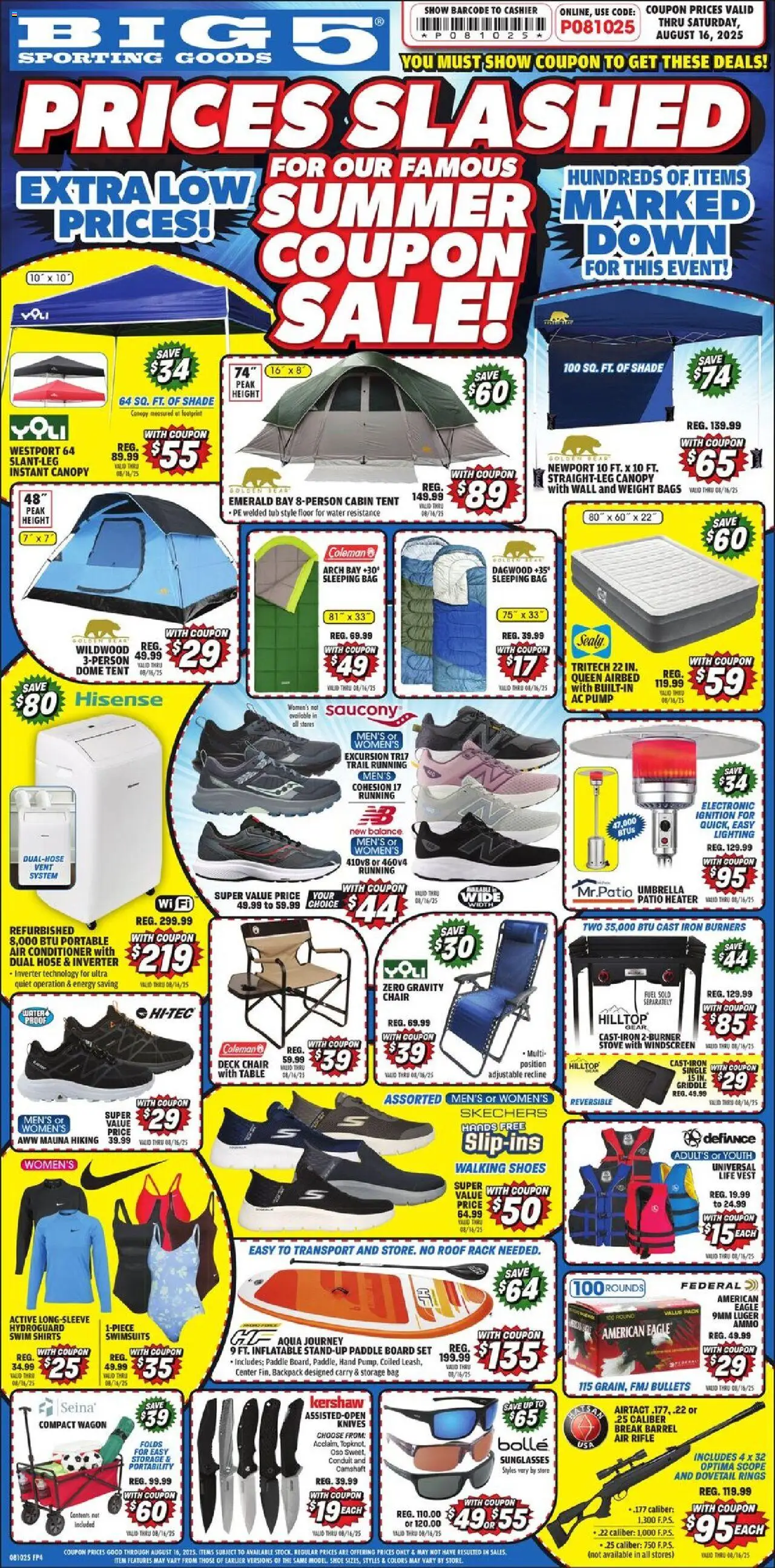 Big 5 Sporting Goods Weekly Ad from 08/10/2025 - Flyer - Page number 1 - Water, Backpack, Air conditioner, Chair, Umbrella, Bag, Conditioner, Deck chair