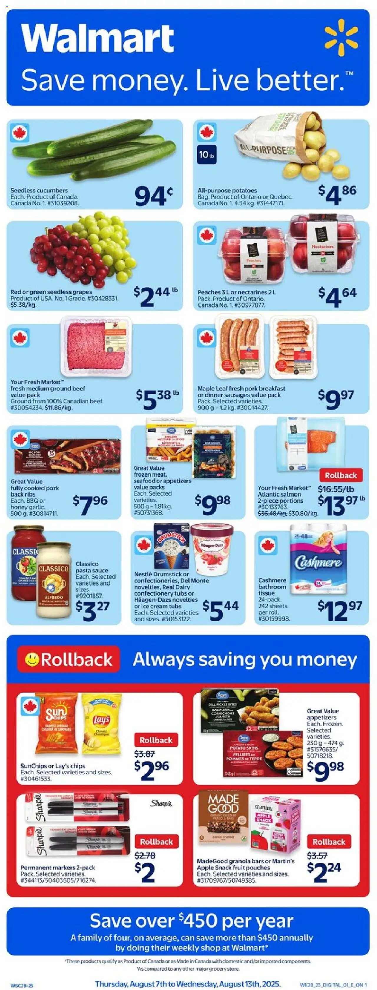 Walmart flyer valid from Aug 07, 2025 - page number 1 - Cornichons, Pommes de terre, Pommes