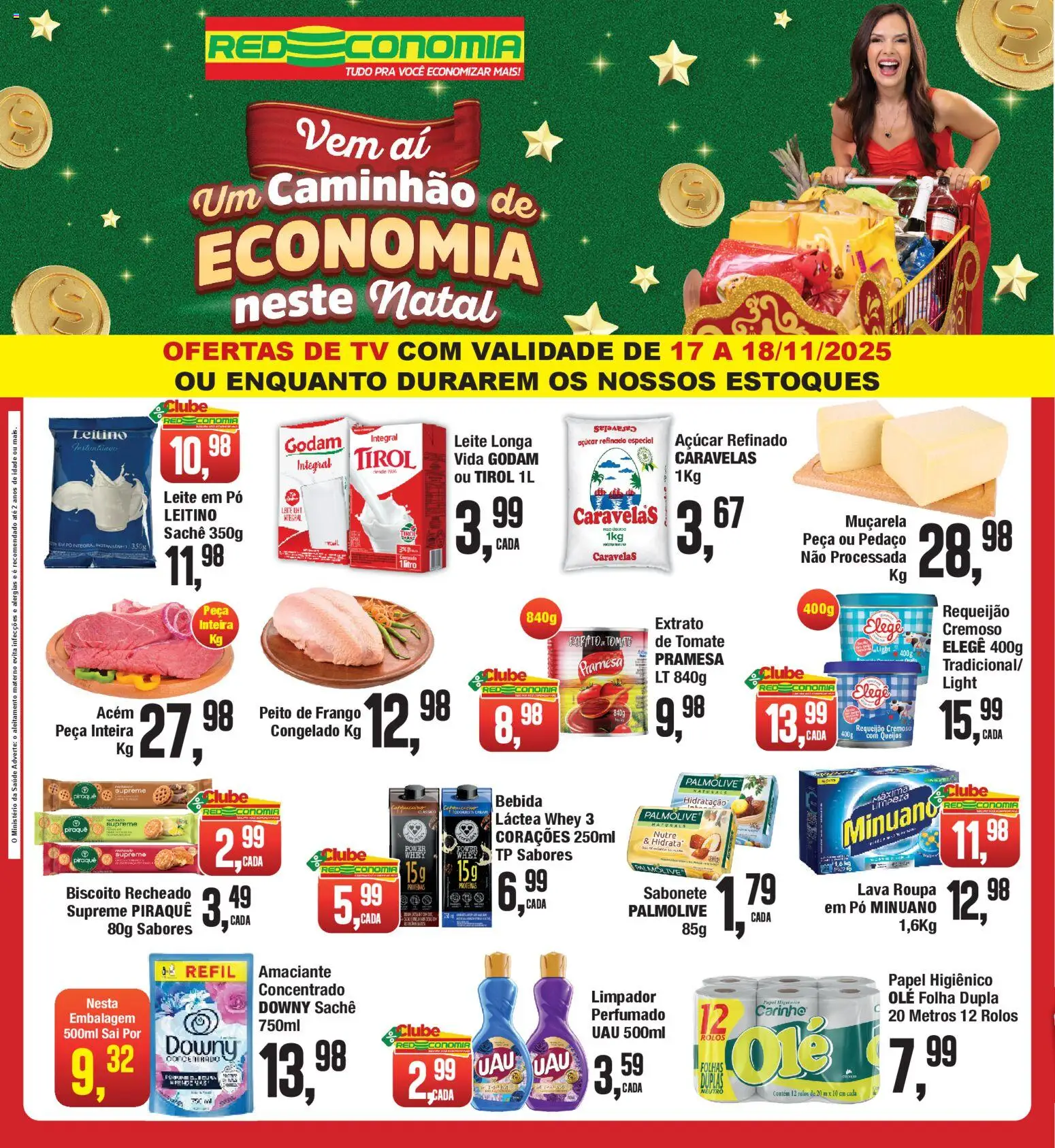 Pré-Visualização do folheto "Encarte" da loja RedEconomia válido a partir de 17/11/2025 - Tv, Leite, Sabonete, Açúcar, Papel higiênico, Peito de frango, Pó, Acém