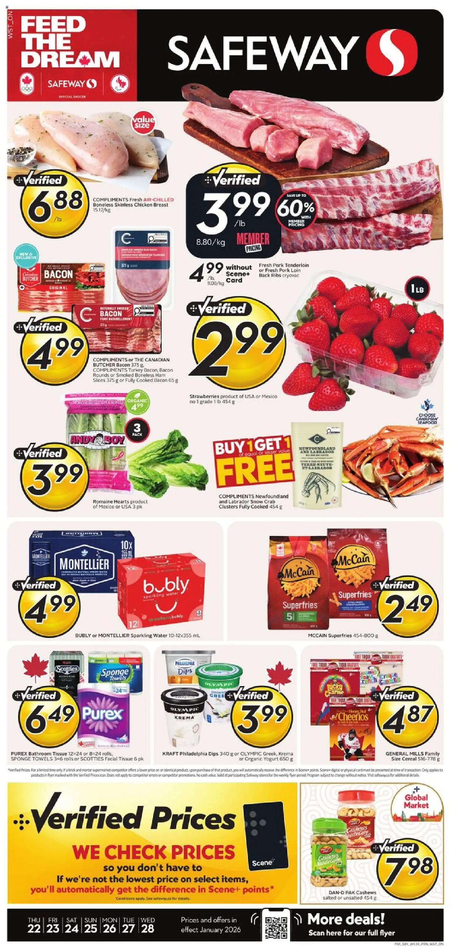 Preview of leaflet Weekly flyer / circulaire from shop Safeway is valid from Jan 22, 2026 - Chicken, Turkey, Water, Strawberries, Ham, Pork, Chicken breast, Towels