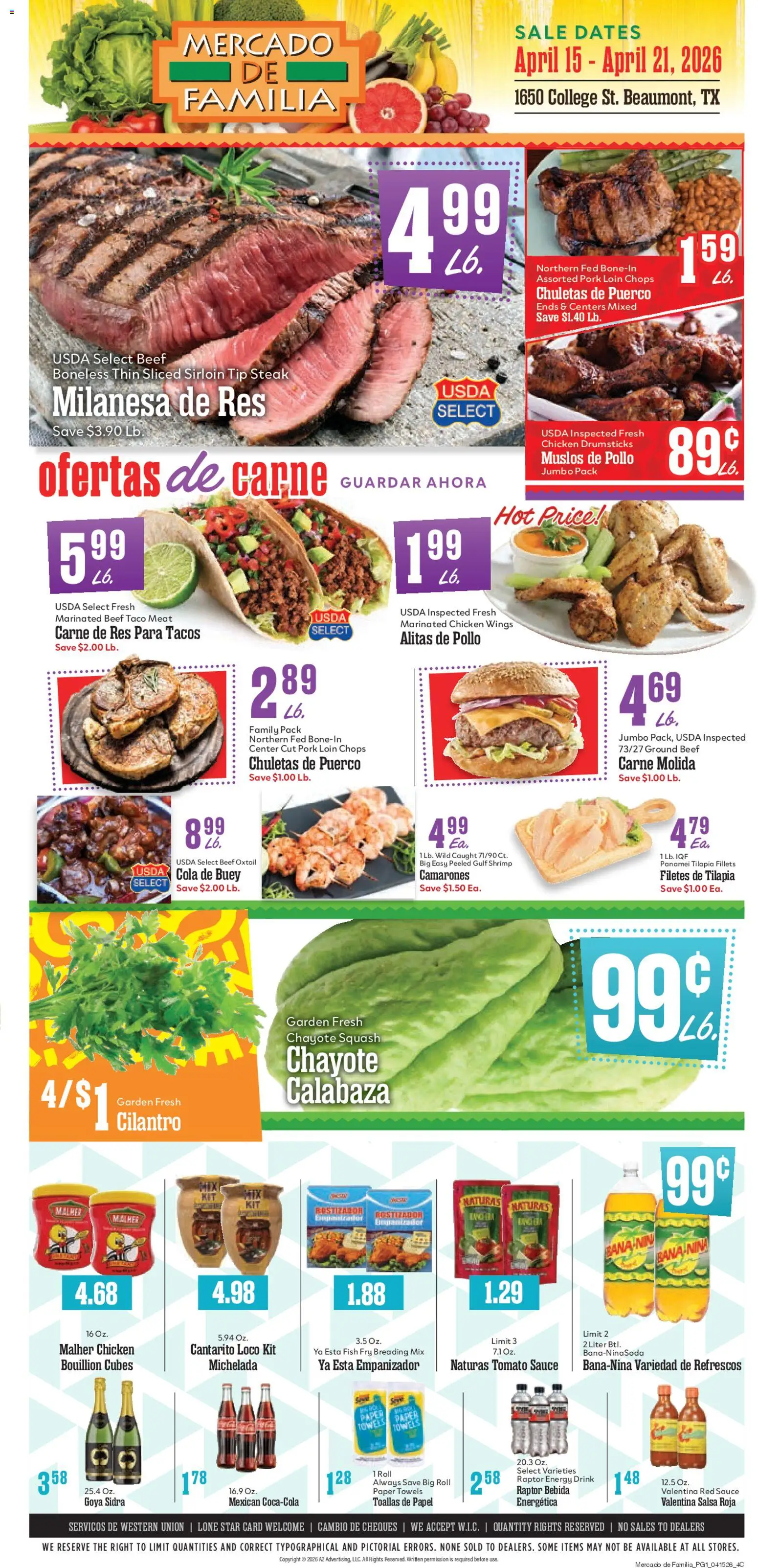 Ad Preview of Market Basket Market Basket Mercado de Familia from 04/15/2026 - Fish, Chicken wings, Tomato, Squash, Pork, Paper towels, Chicken drumsticks, Chicken
