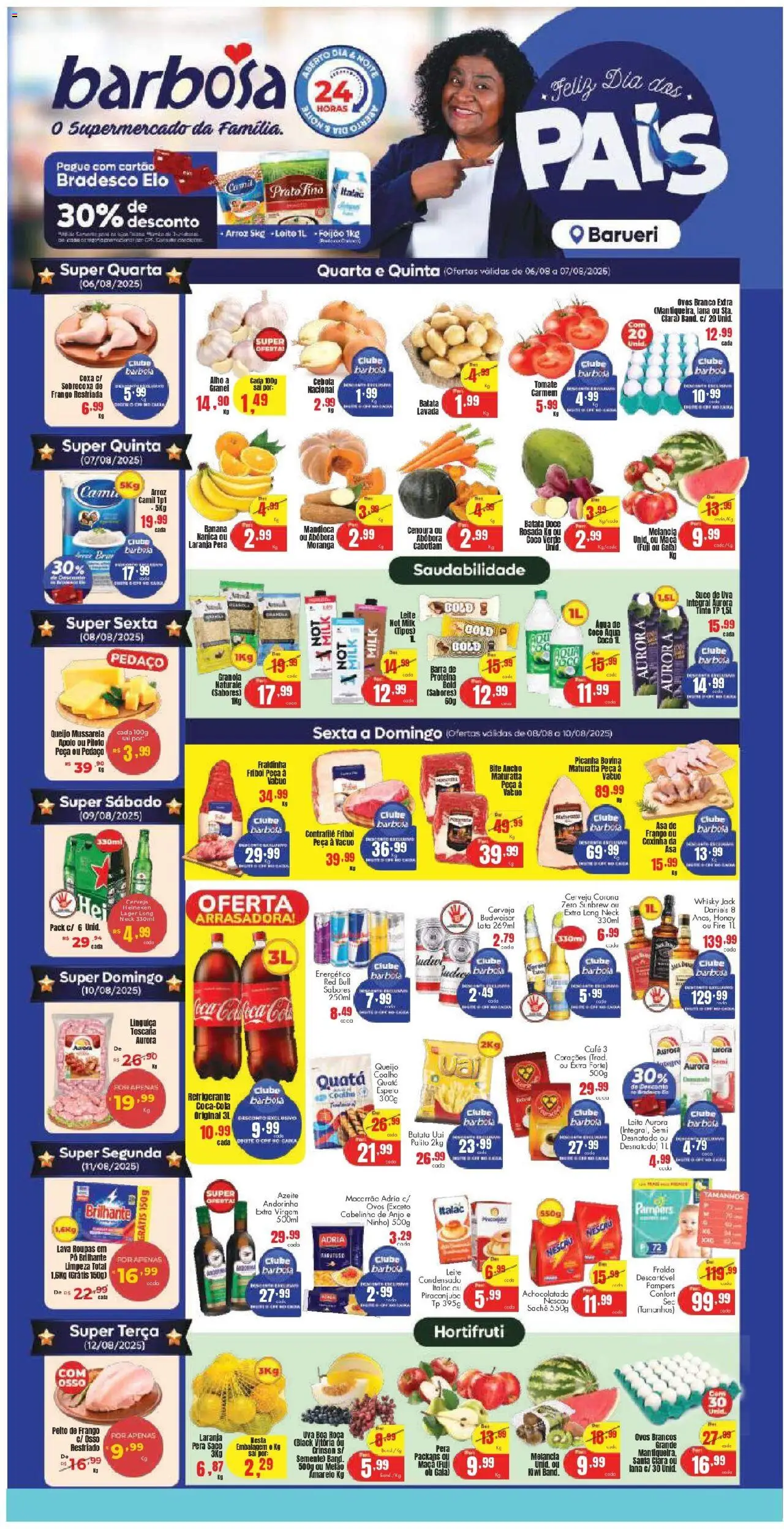 Barbosa Supermercados folheto "Ofertas Loja Barueri" válido a partir de 06/08/2025 - número de página 1 - Moranga, Kiwi, Sal, Suco, Mandioca, Nescau, Bife ancho, Melão