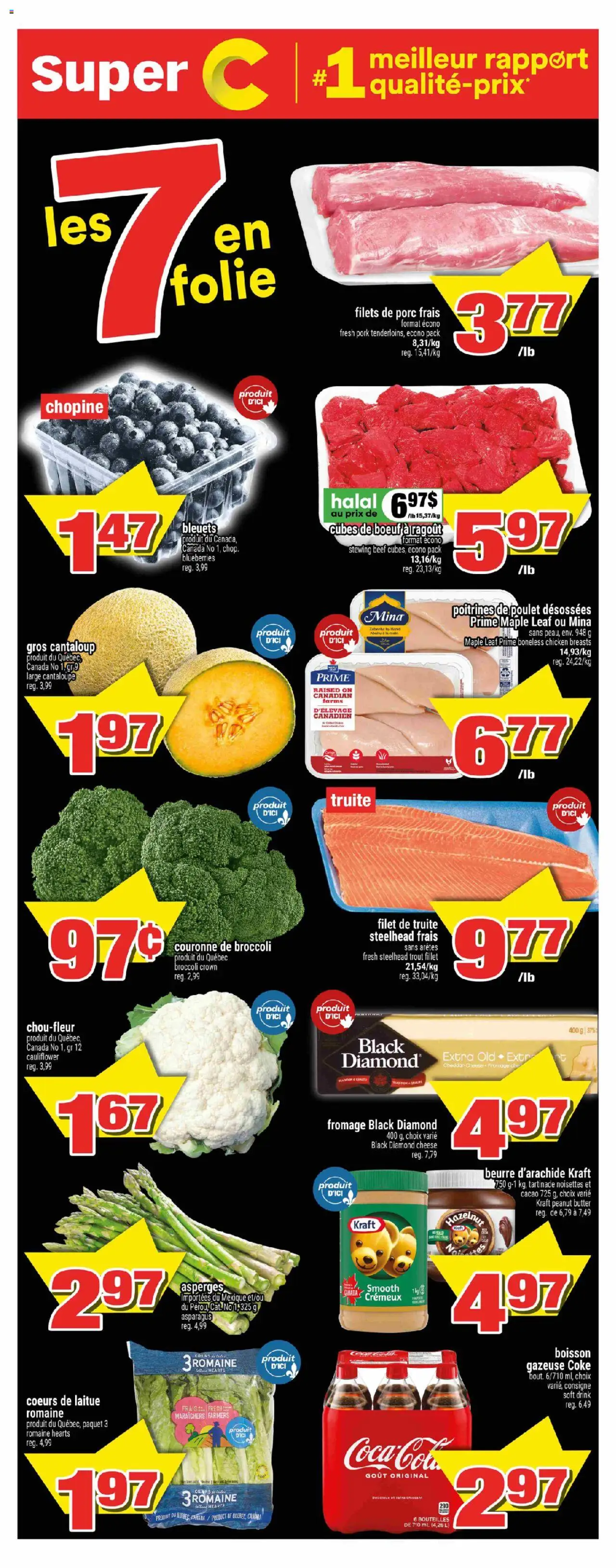 Super C flyer valid from Aug 07, 2025 - page number 1 - Cheese, Blueberries, Broccoli, Butter, Beef, Peanut butter, Pork, Fillet