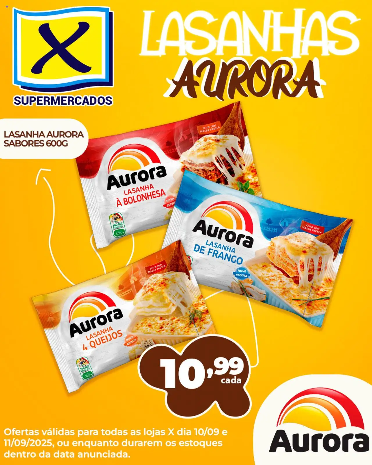 X Supermercados folheto "Ofertas Aurora" válido a partir de 10/09/2025 - número de página 1 - Lasanha, Frango, Massa