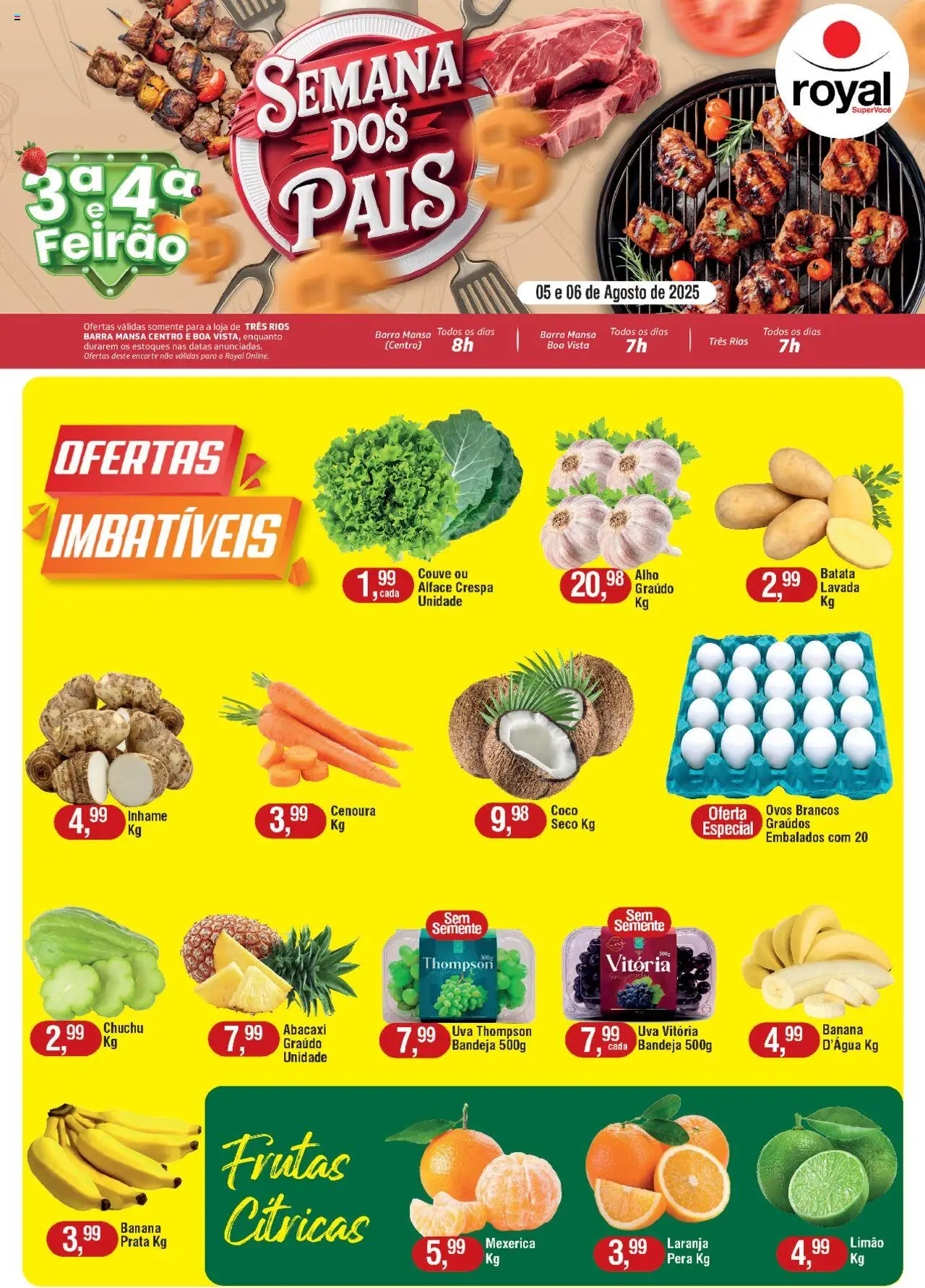 Royal Supermercados folheto "Ofertas Terça e Quarta do Feirão" válido a partir de 05/08/2025 - número de página 1 - Coco, Inhame, Cenoura, Couve, Alface, Mexerica, Bandeja, Alho