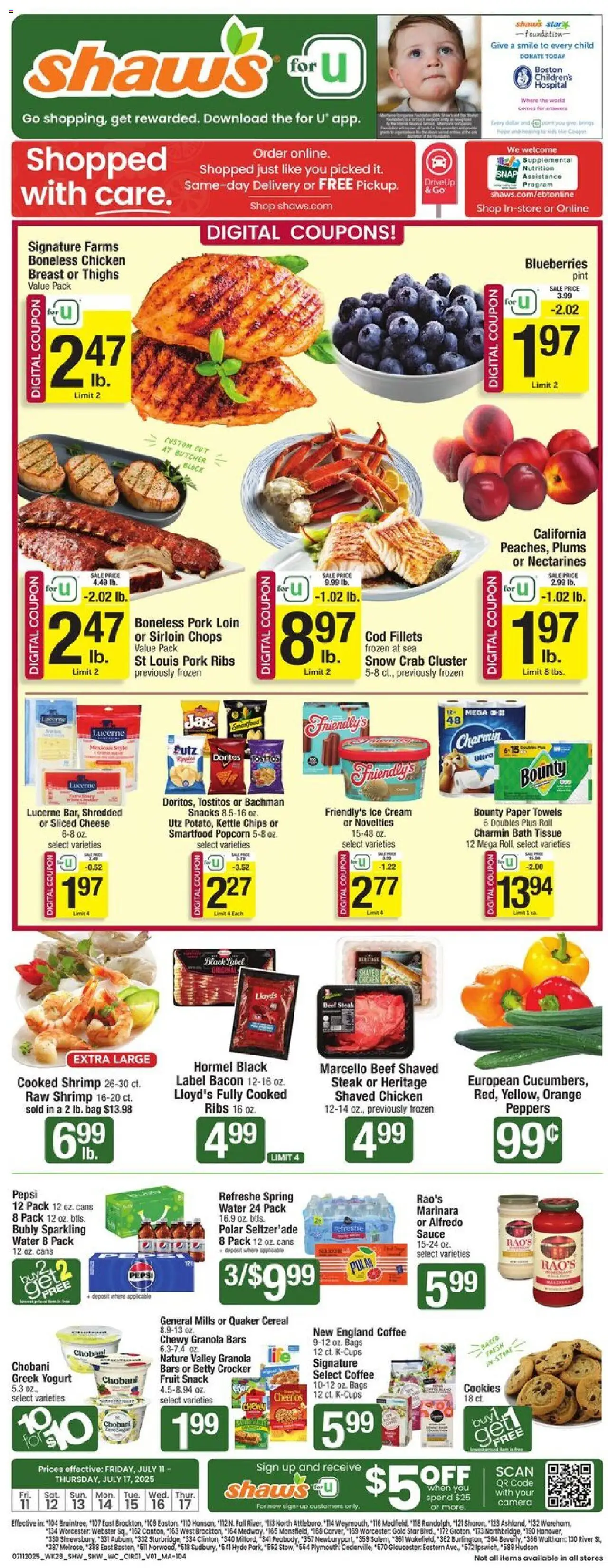 Shaw's Weekly Ad from 07/11/2025 - Flyer - Page number 1 - Pork, Bacon, Cookies, Sauce, Blueberries, Snacks, Greek yogurt, Camera